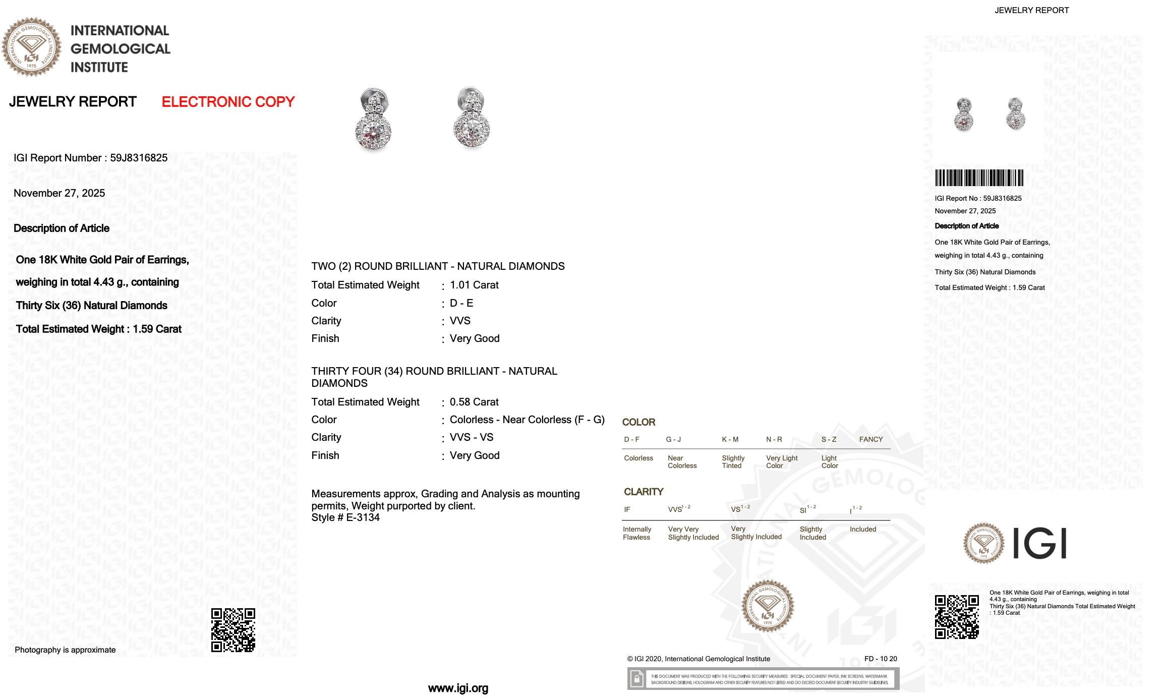 Donna Accattivanti orecchini con 1,59 carati di diamanti in oro bianco 18 carati - certificati IGI in vendita