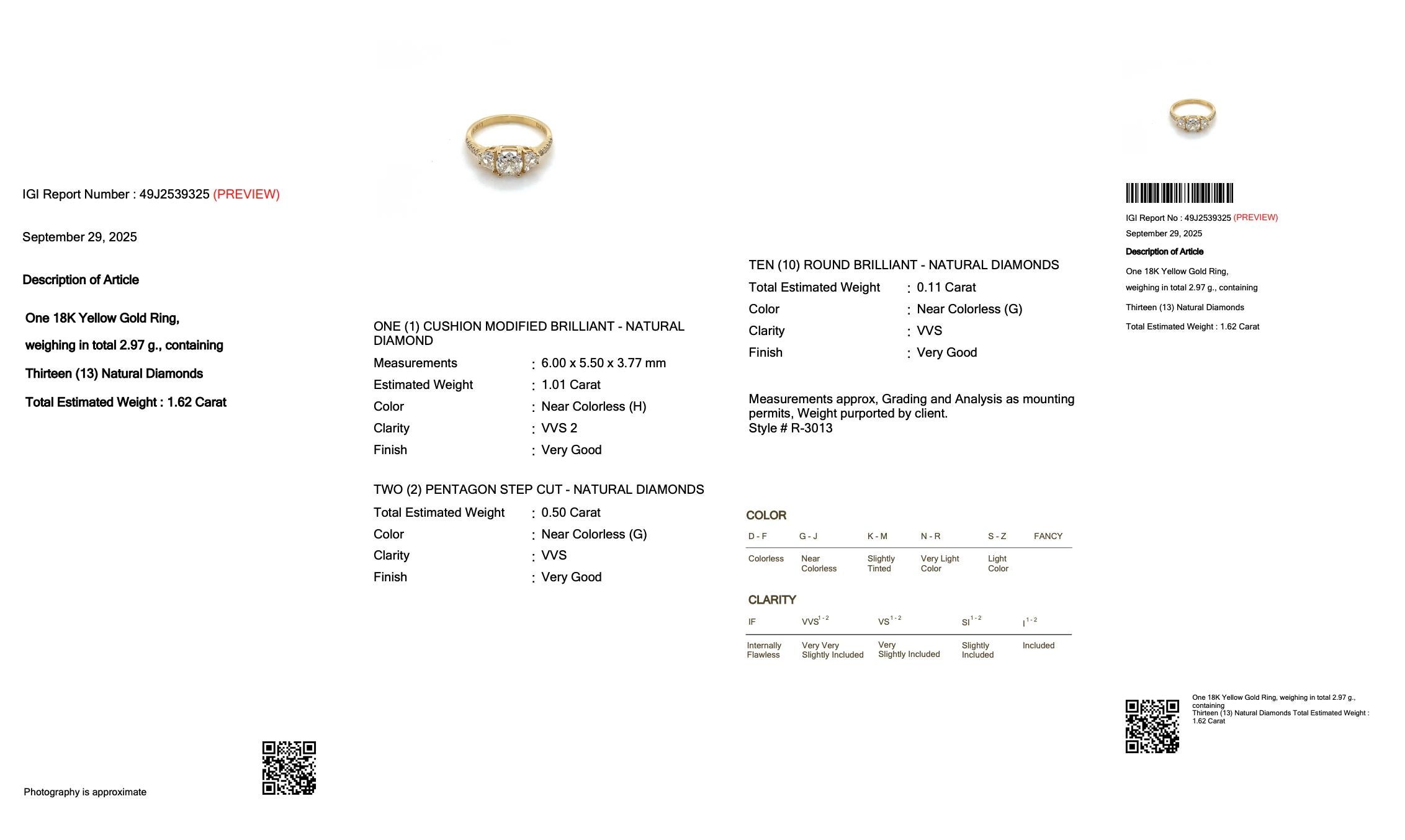 Captivante bague 3 pierres en or jaune 18 carats de 1,62 ct de diamants - certifiée IGI Pour femmes en vente