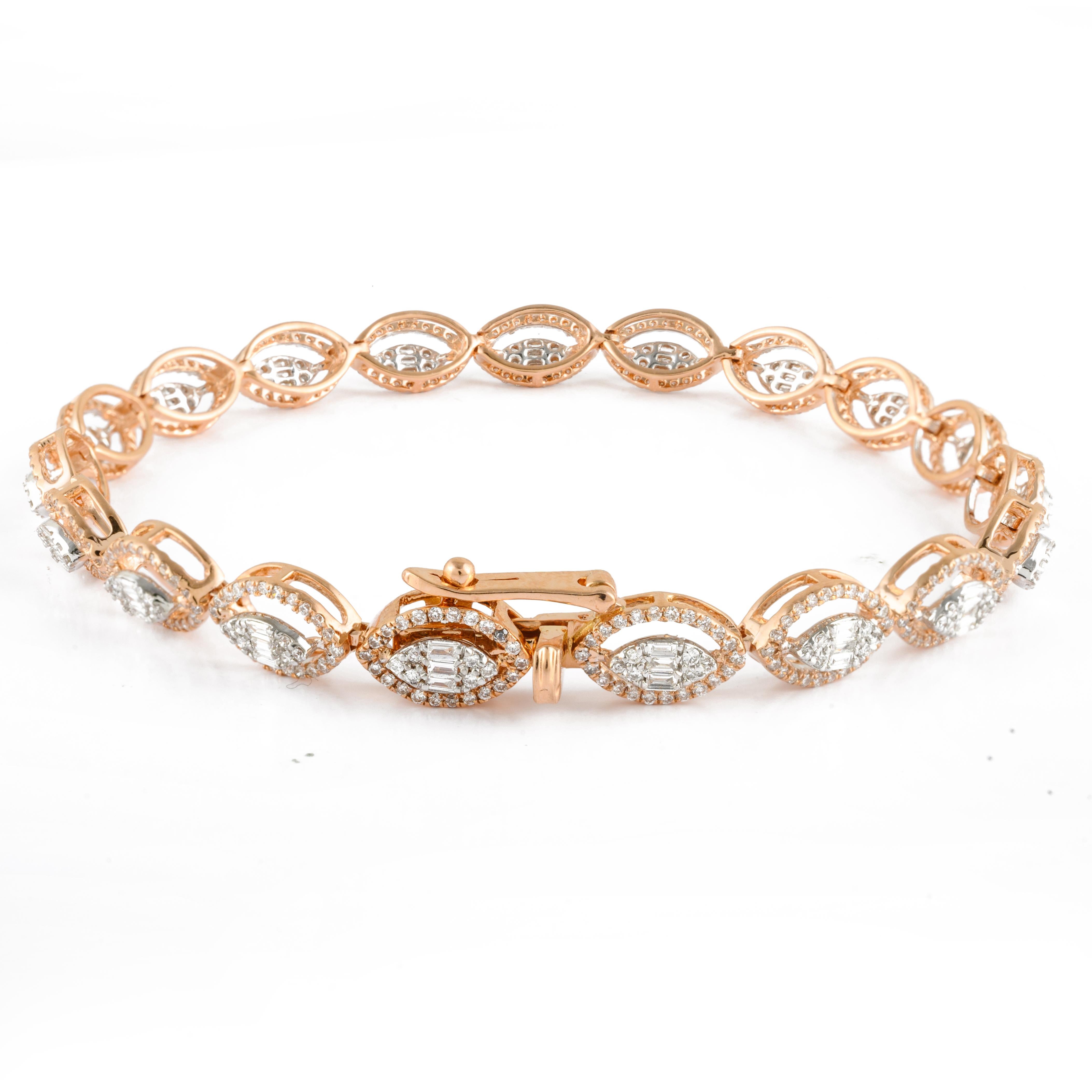 This Glamorous Diamond Tennis Bracelet in 18K gold showcases 589 endlessly sparkling natural diamonds, weighing 1.86 carat. It measures 7 inches long in length. 
April birthstone diamond brings love, fame, success and prosperity.
Designed with