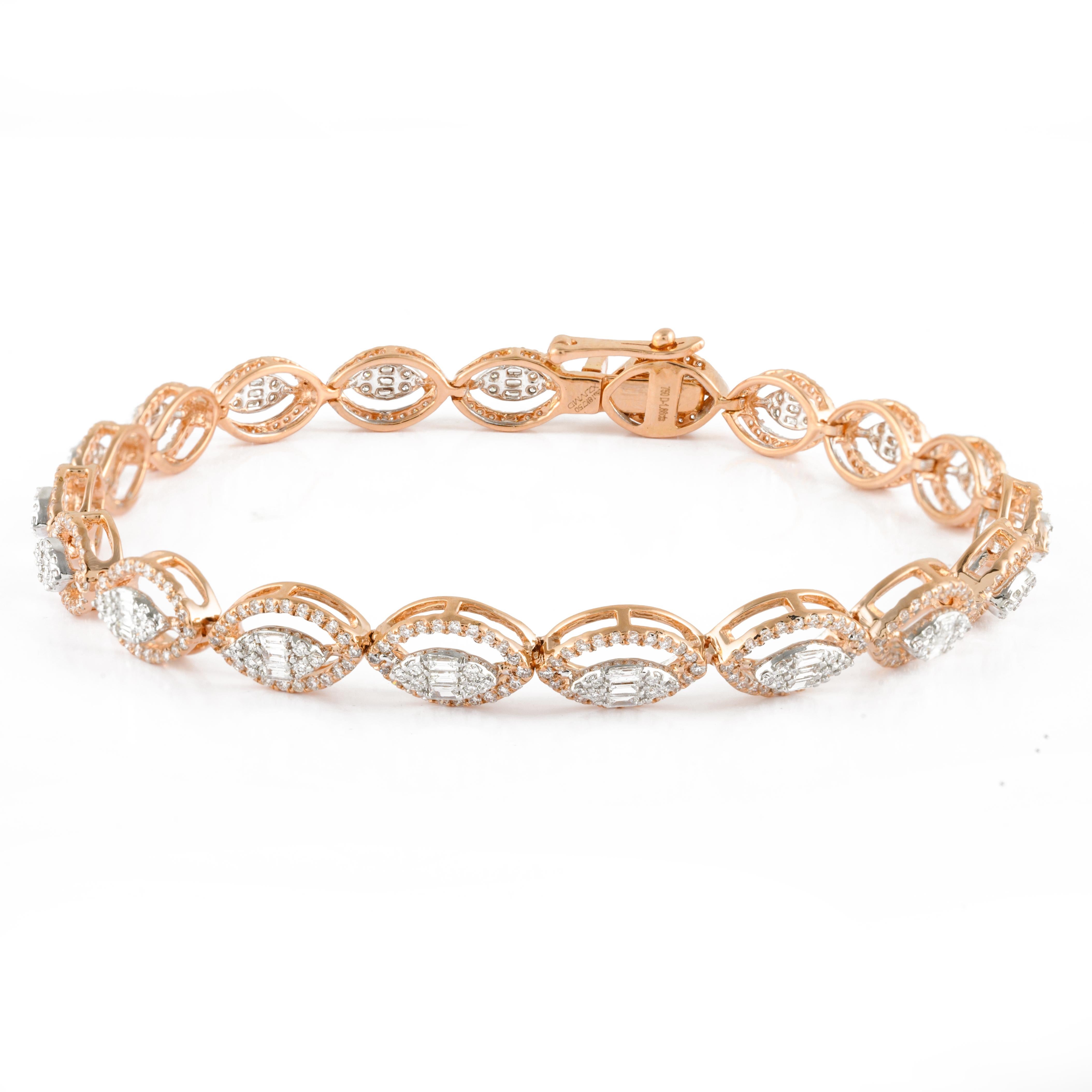 Mixed Cut Glamorous 1.86 CTW Diamond Tennis Bracelet in 18 Karat Solid Rose Gold For Sale