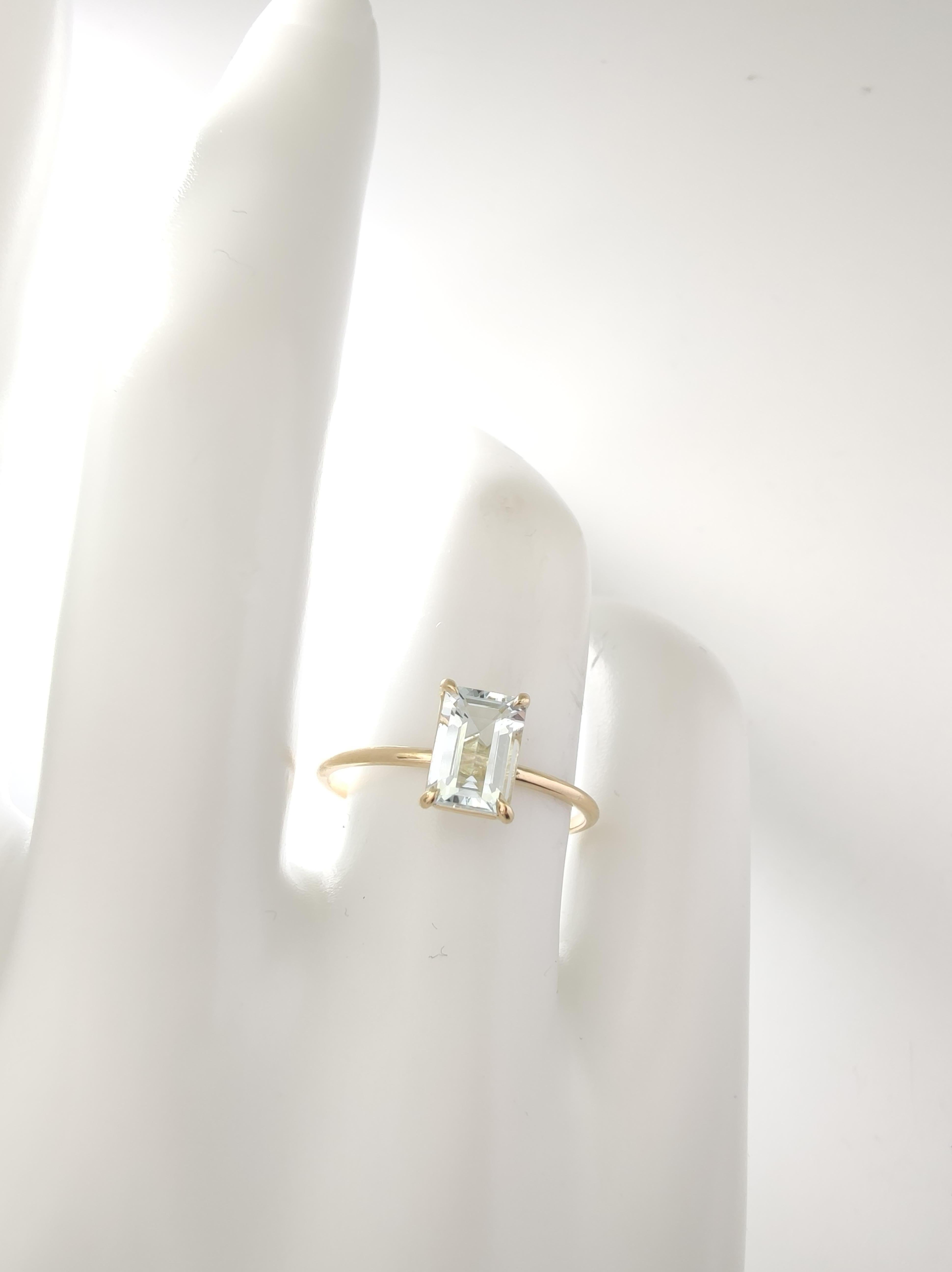 Captivating 18K Gold Solitaire Ring featuring a 0.83 Ct. Emerald-Cut Aquamarine For Sale 8