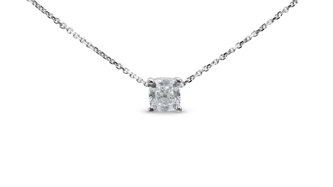 A magnificent solitaire necklace with a dazzling 0.9-carat cushion diamond. The jewelry is made of 18k White Gold with a high-quality polish. It comes with a GIA certificate and a fancy jewelry box.

1 diamond main stone of 0.9 carat
cut:
