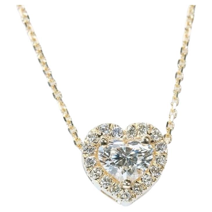 Captivating 18K Yellow Gold Halo Necklace with Pendant w/ 1.12ct - GIA Certified For Sale