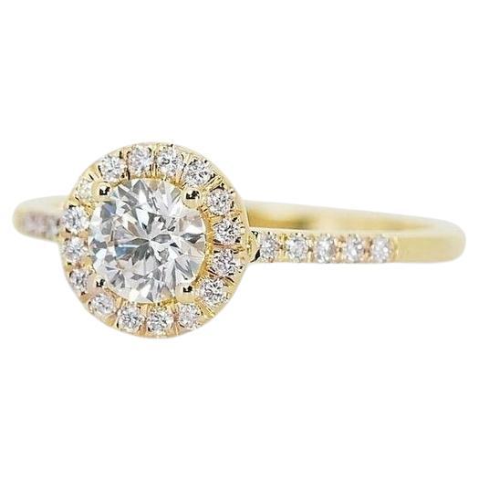 Captivating 18k Yellow Gold Natural Diamond Halo Ring w/1.21 ct- GIA Certified

This captivating diamond halo ring embodies elegance and sparkle, featuring a stunning 1.01 carat round diamond center stone set in gleaming 18k yellow gold. And 26