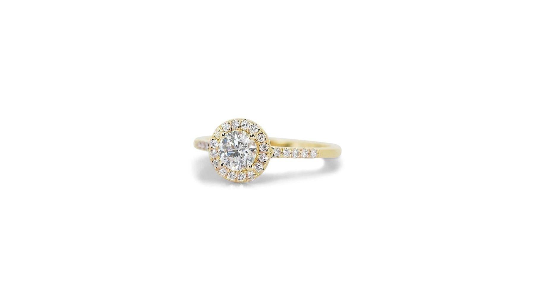 Round Cut Captivating 18k Yellow Gold Natural Diamond Halo Ring w/1.21 ct- GIA Certified For Sale