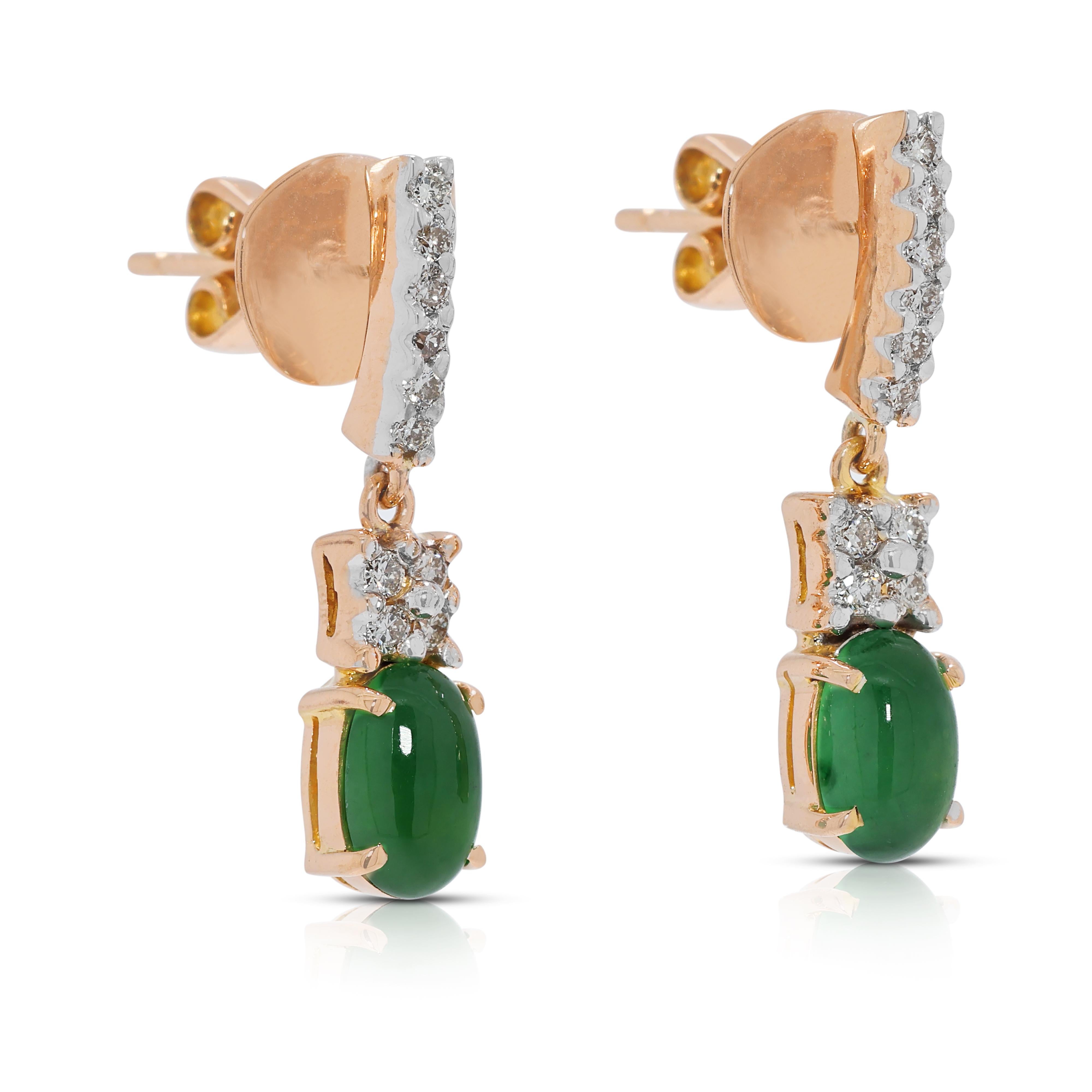 Cabochon Captivating 2.16ct Jade & Diamond Drop Earrings in 18K Yellow Gold in vendita