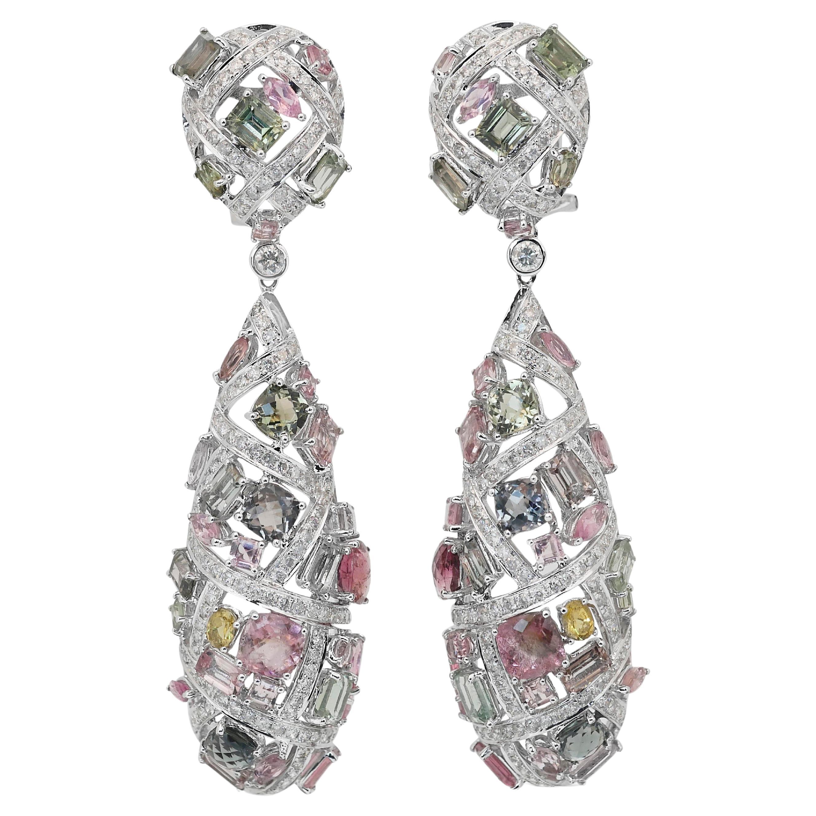 Captivating 24.53ct Tourmalines and Diamonds Drop Earrings in 18k White Gold