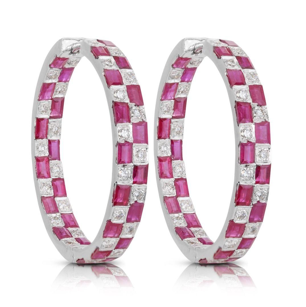 Round Cut Captivating 2.54ct Ruby and Diamond Hoop Earrings in 14K White Gold For Sale