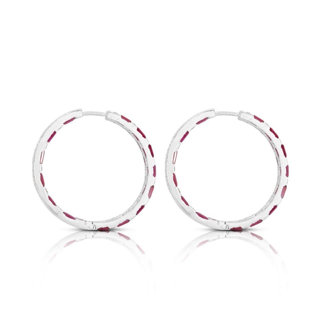 Women's Captivating 2.54ct Ruby and Diamond Hoop Earrings in 14K White Gold For Sale