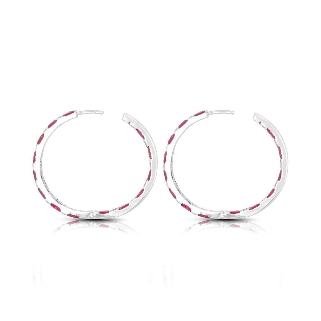 Captivating 2.54ct Ruby and Diamond Hoop Earrings in 14K White Gold For Sale 2