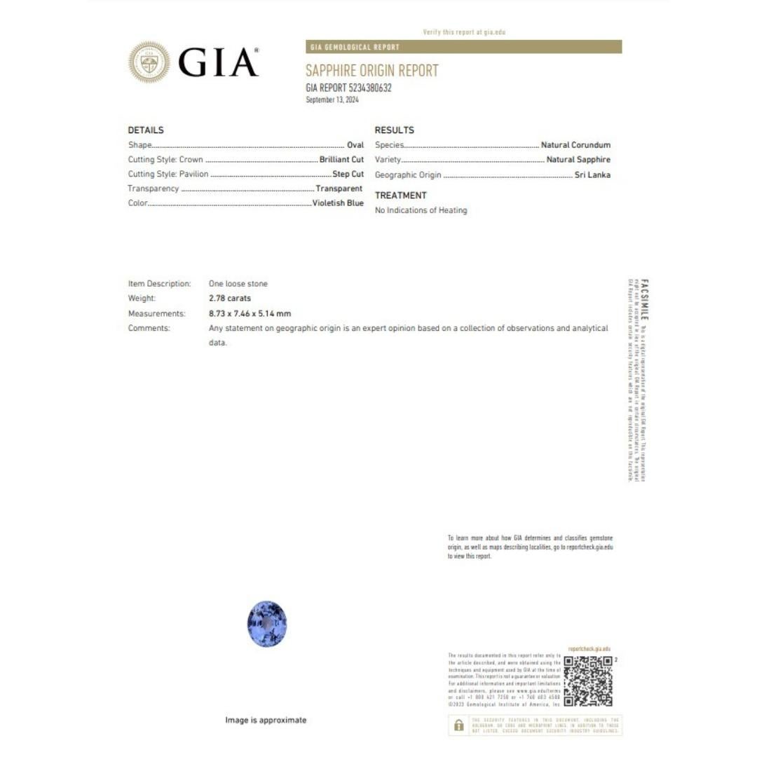 This stunning 2.78-carat violetish-blue sapphire radiates sophistication with its deep, captivating hue. The oval shape enhances its natural brilliance, making this gemstone a mesmerizing choice for any jewelry creation. Certified by the GIA, this