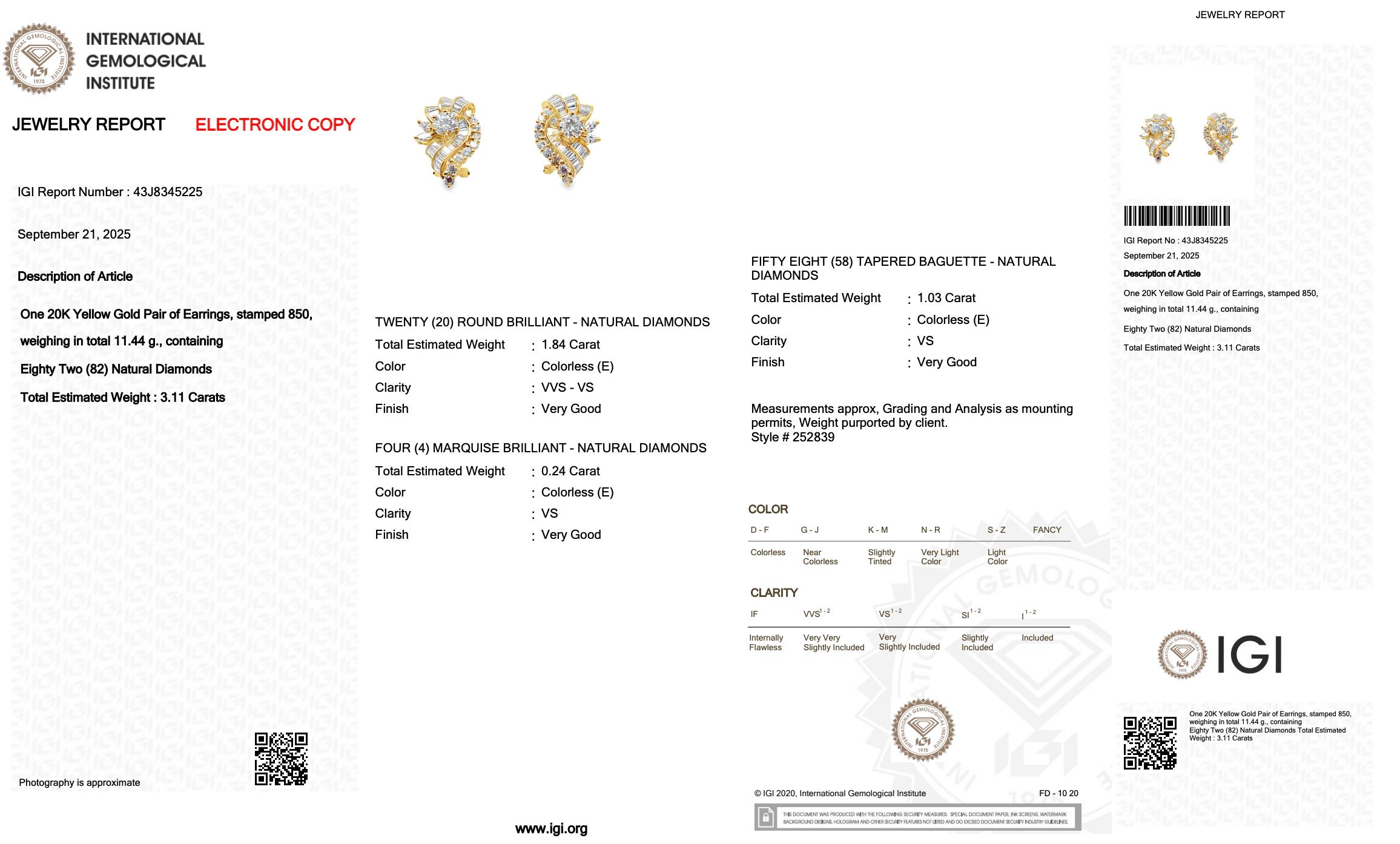 De las mujeres Cautivadores Pendientes Racimo de Diamantes de 3,11ct en Oro Amarillo de 18k - Certificado IGI en venta