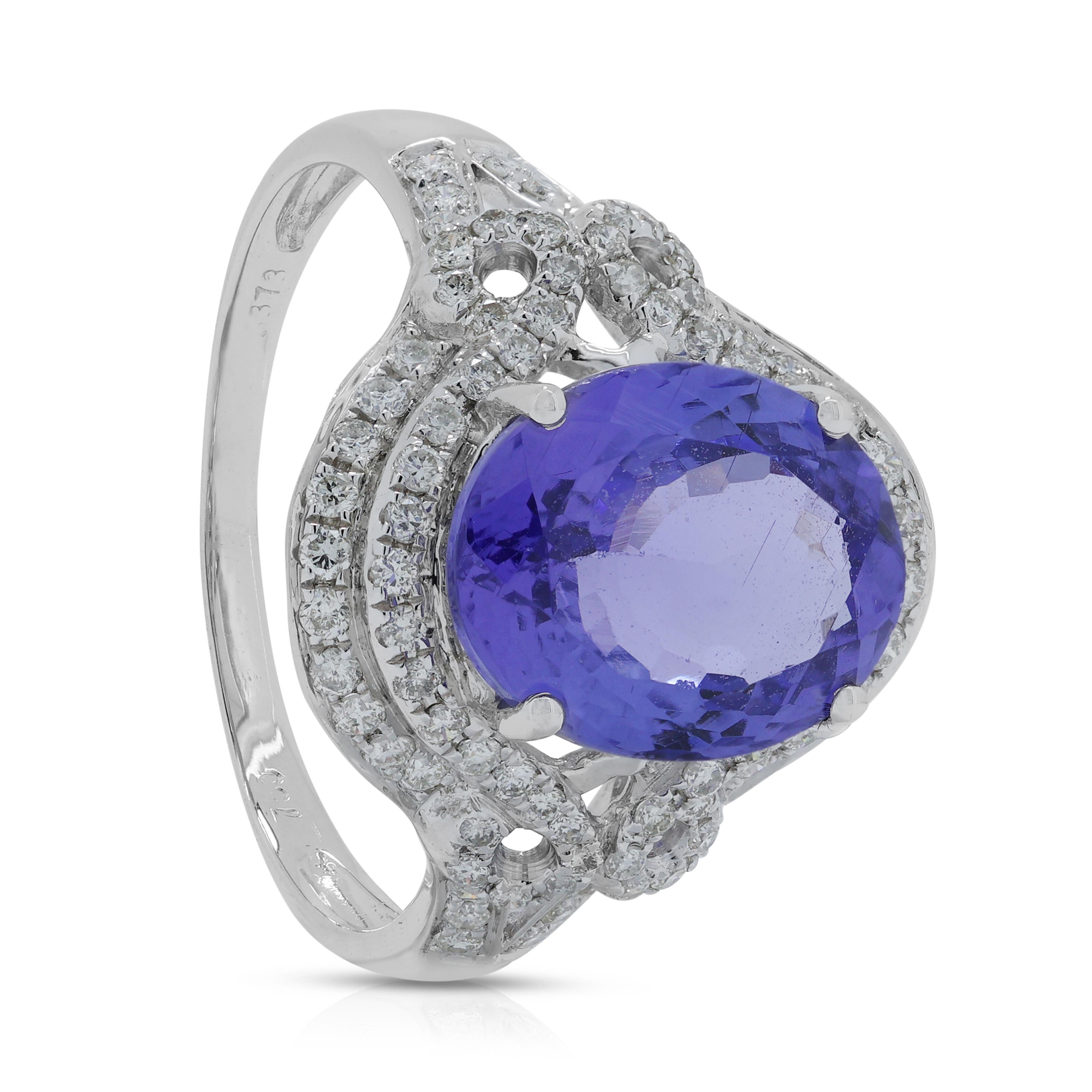 Captivating 3.373ct Tanzanite Ring with Natural Diamond in 18K White Gold For Sale 1