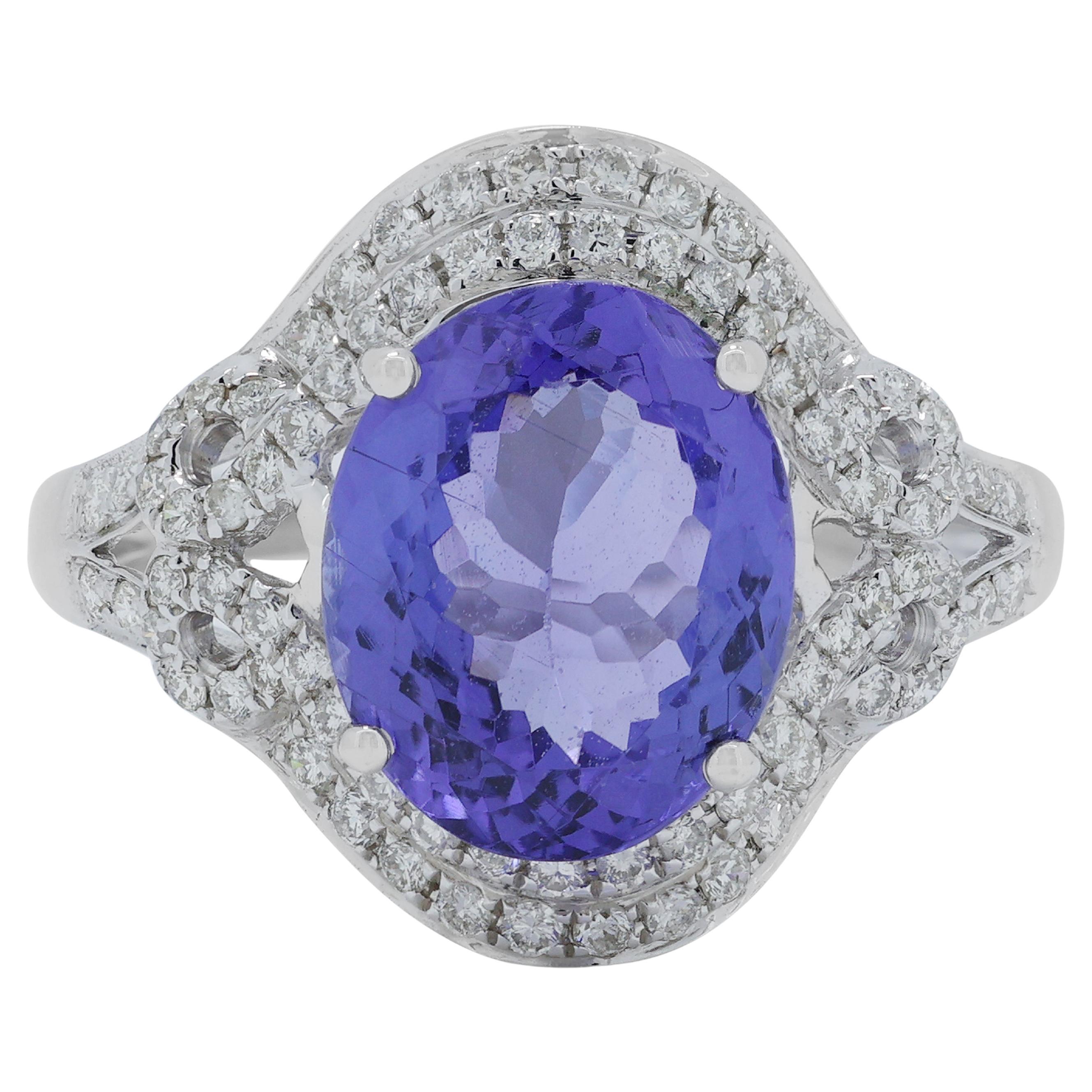Captivating 3.373ct Tanzanite Ring with Natural Diamond in 18K White Gold