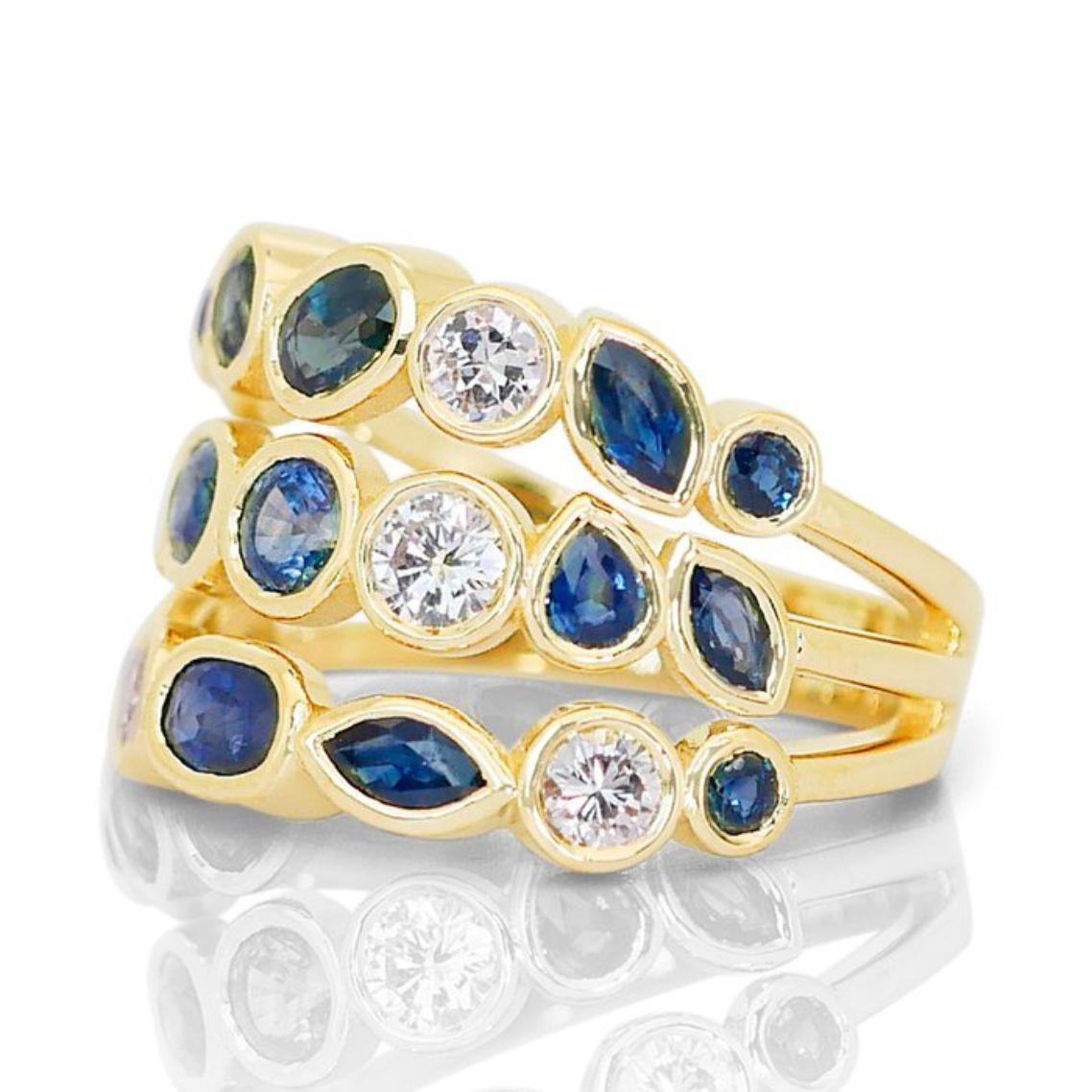 Surrounding the diamonds is a stunning array of sapphires, showcasing a captivating blend of cuts and colors. Five round sapphires, totaling 0.95 carats, add a touch of classic elegance with their deep blue brilliance. Four marquise-cut sapphires,
