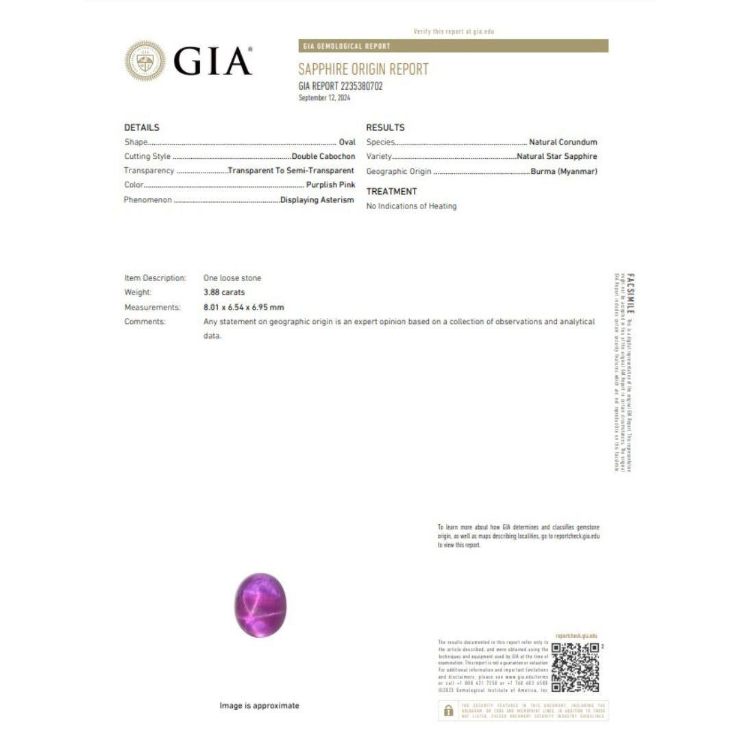 Captivating 3.88ct Star Sapphire Gemstone - GIA Certified

This breathtaking 3.88-carat Star Sapphire displays a captivating purplish-pink hue, making it a rare and unique gemstone. Its oval cut enhances the natural star-like phenomenon that