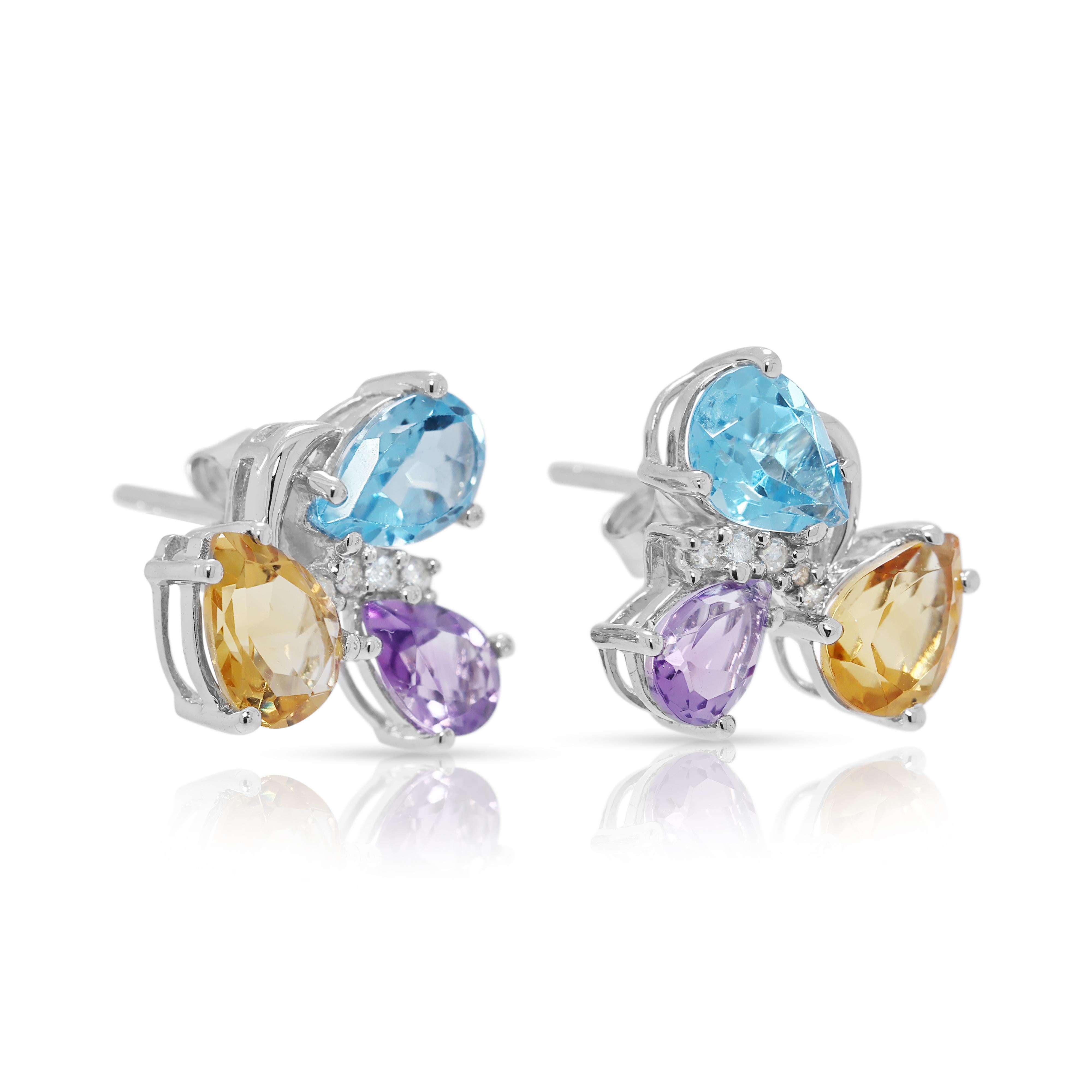 Taille poire Boucles d'oreilles captivantes en or blanc 18 carats avec pierres multiples et diamants de 4,06 carats en vente