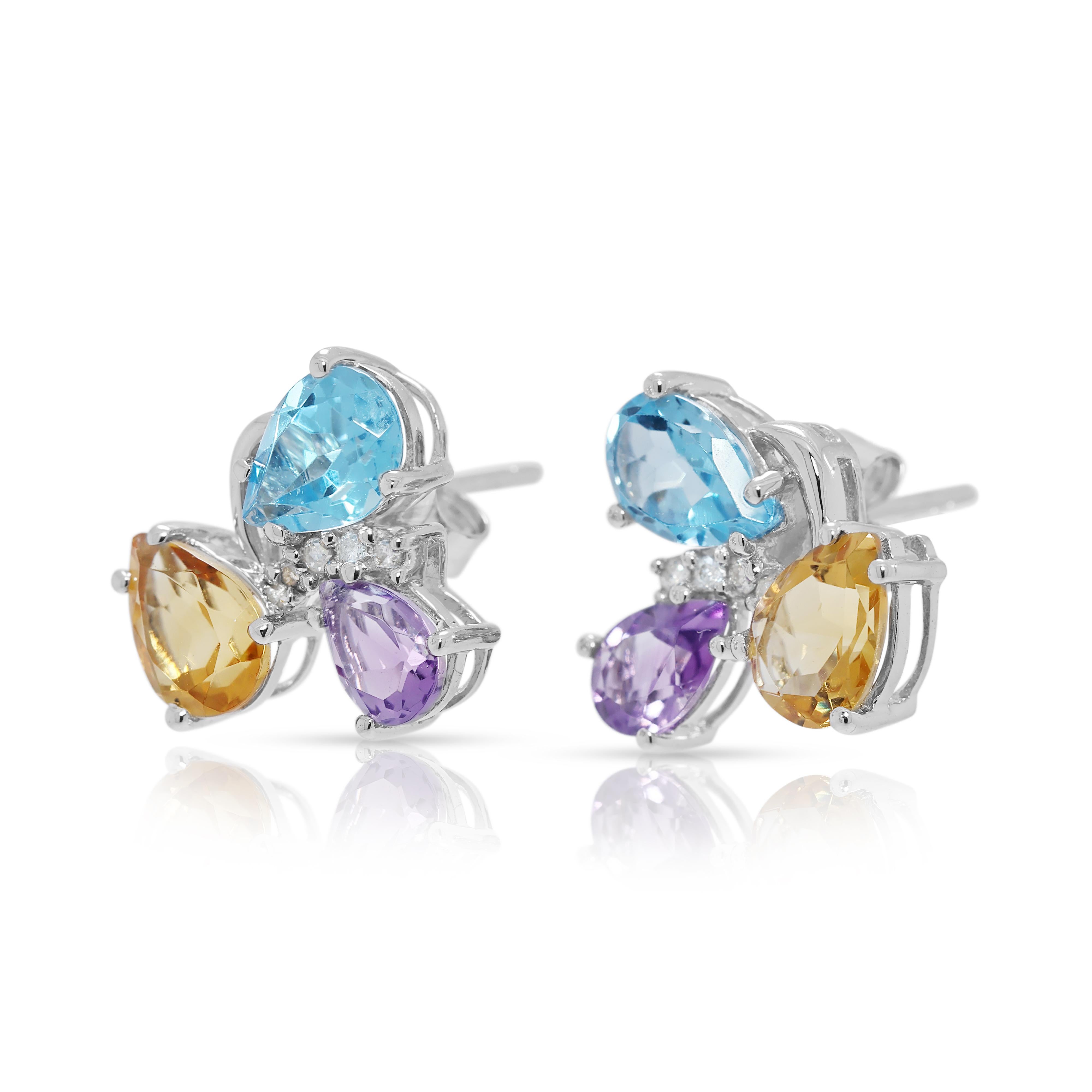 Boucles d'oreilles captivantes en or blanc 18 carats avec pierres multiples et diamants de 4,06 carats Excellent état - En vente à רמת גן, IL