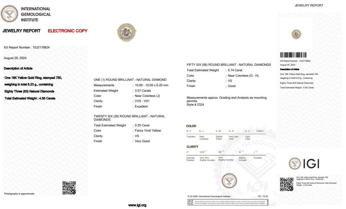 Bezaubernder 4,56 Karat Diamanten Doppel-Halo-Ring aus 18 Karat Gelbgold - IGI-zertifiziert Damen im Angebot