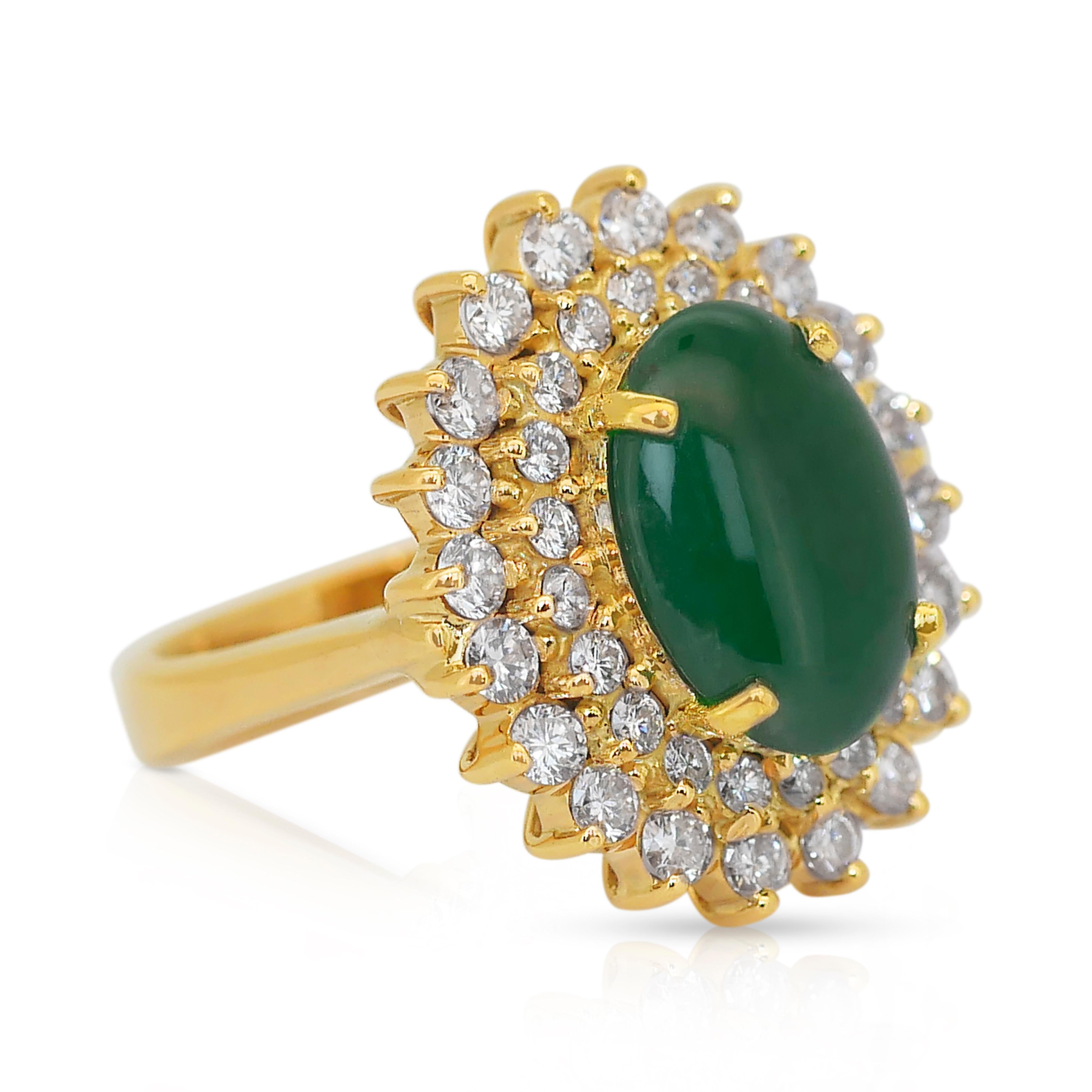Oval Cut Captivating 4.80ct Jade and Diamonds Cluster Ring in 18k Yellow Gold For Sale