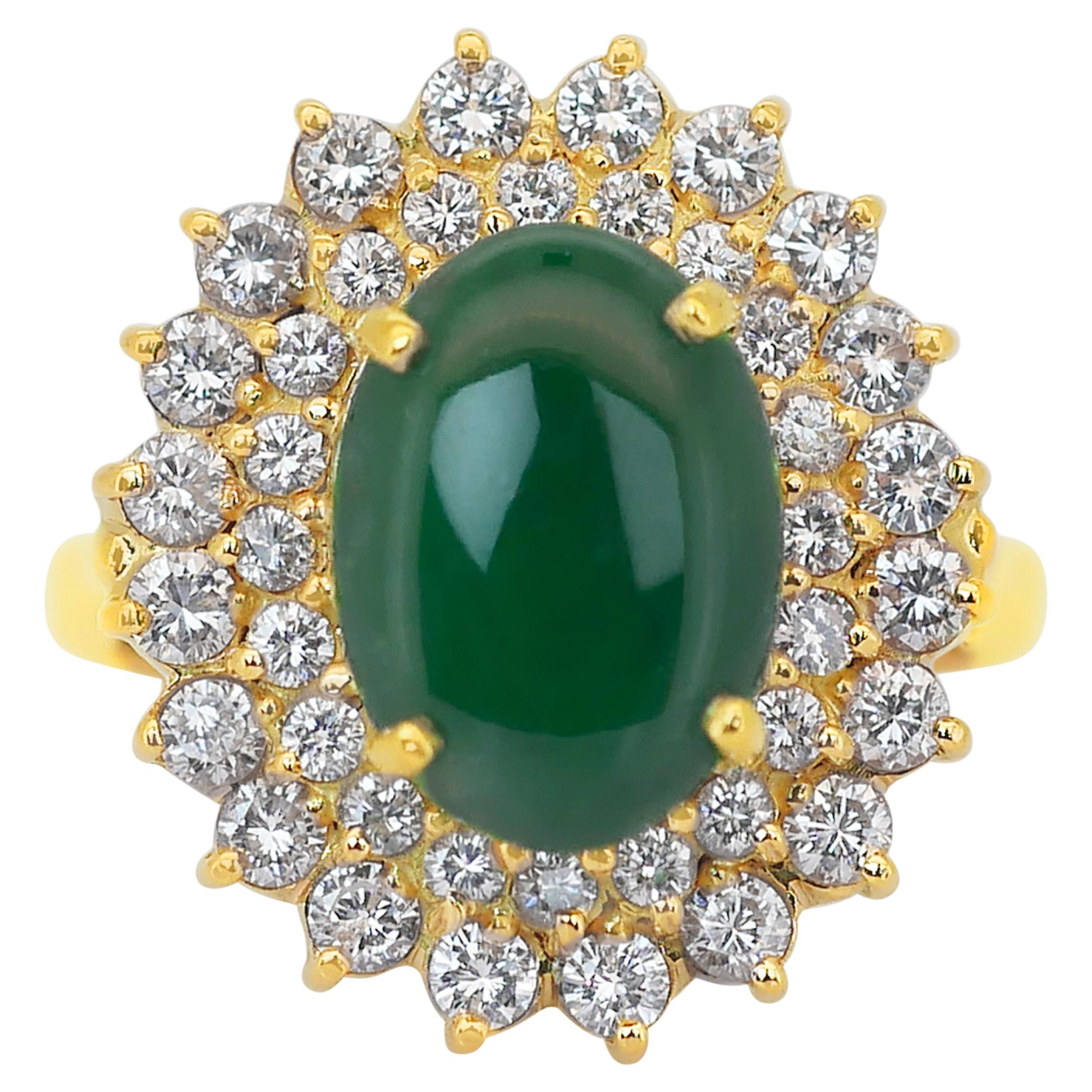 Captivating 4.80ct Jade and Diamonds Cluster Ring in 18k Yellow Gold