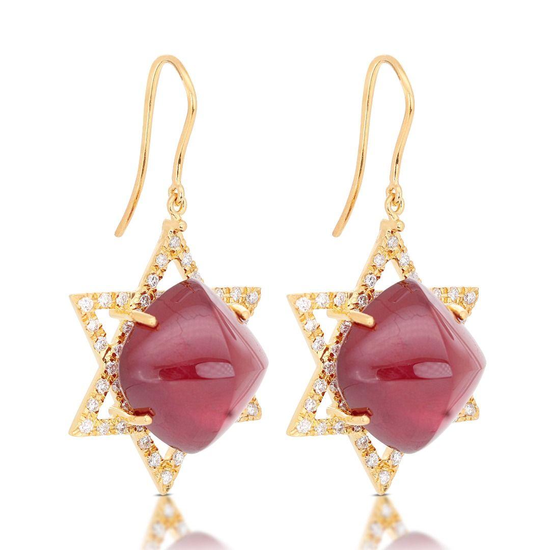Cabochon Captivating 50.00ct Ruby Earrings with Side Diamonds in 18K Yellow Gold For Sale