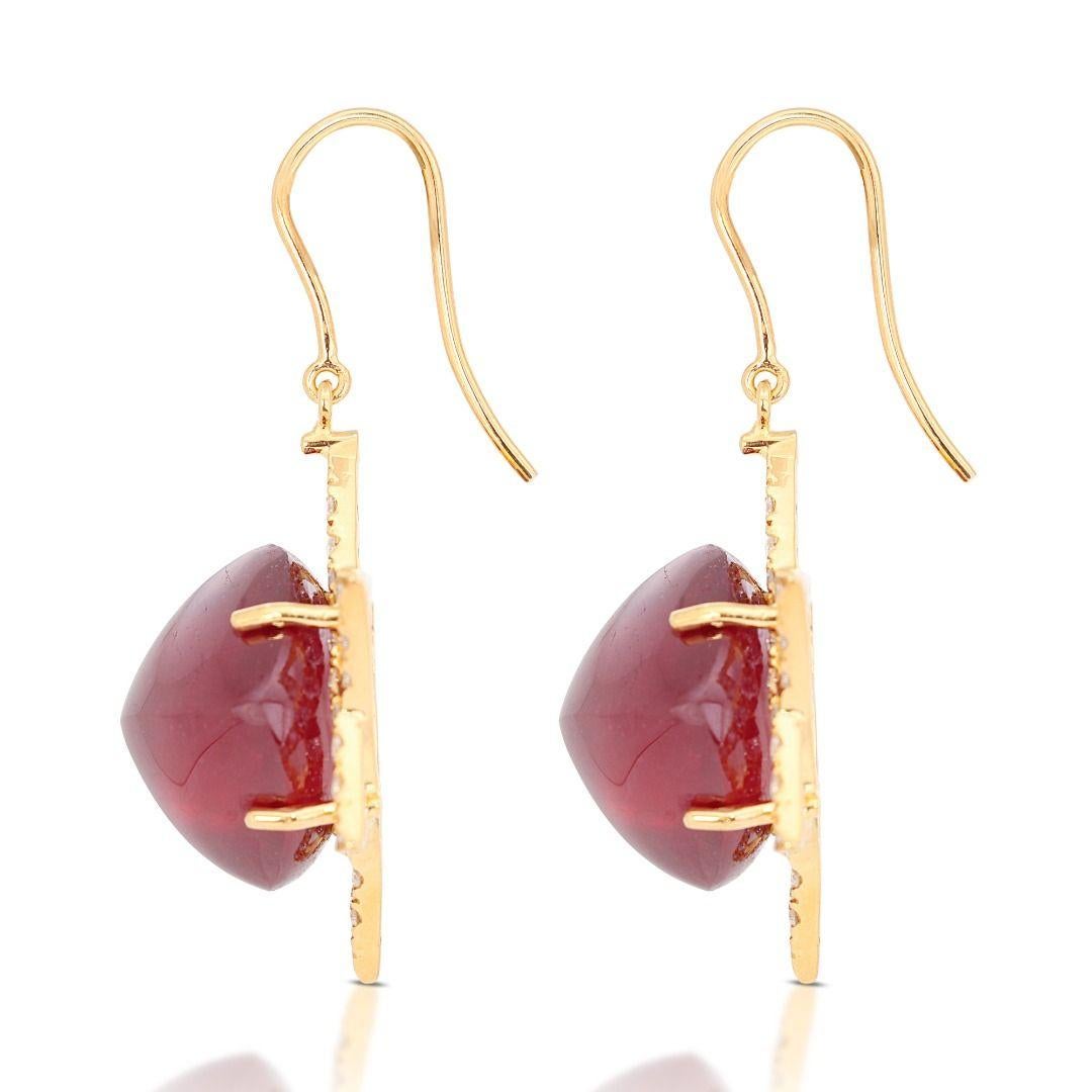 Women's Captivating 50.00ct Ruby Earrings with Side Diamonds in 18K Yellow Gold For Sale