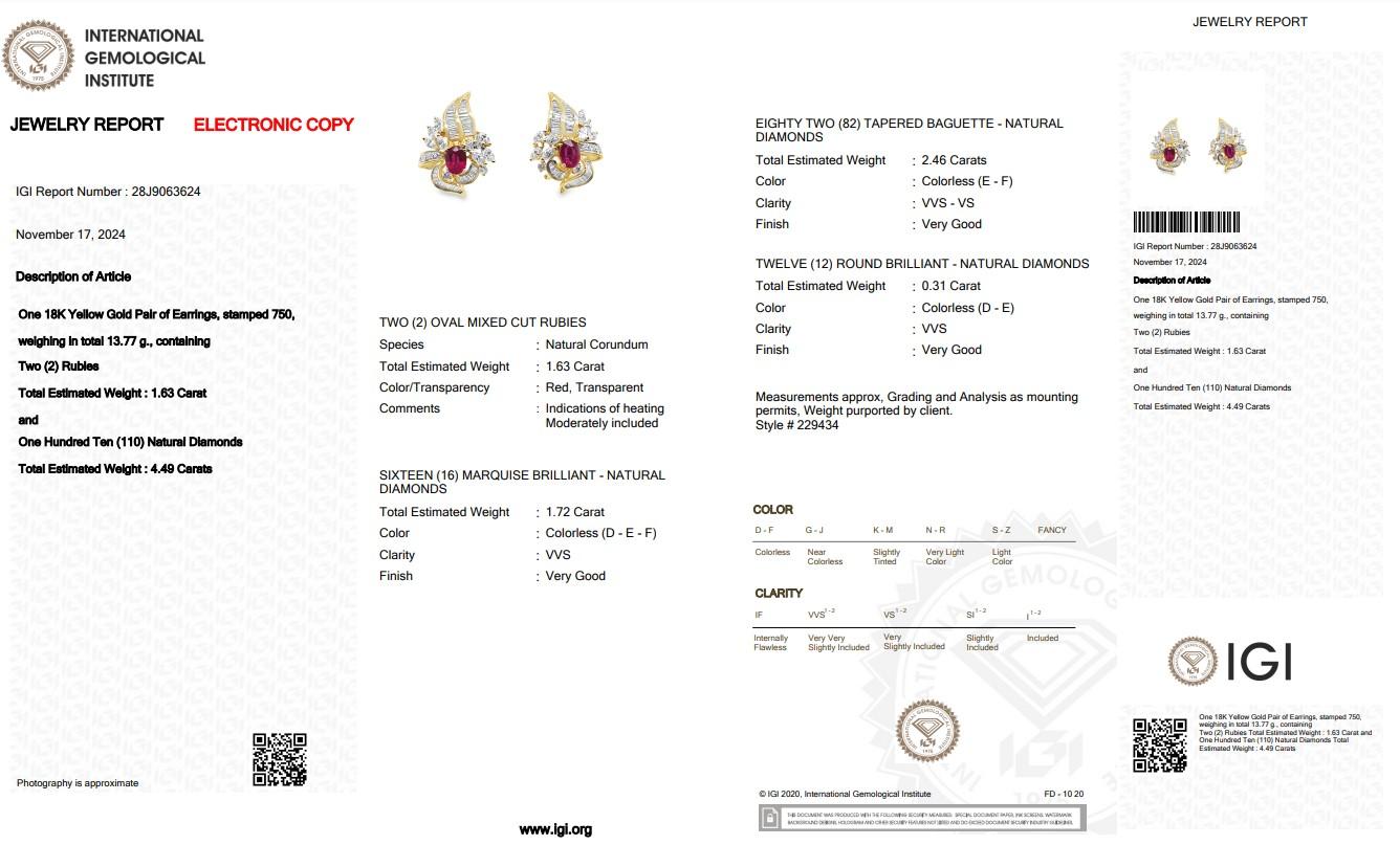 Women's Captivating 6.12ct Rubies and Diamonds Earrings in 18k Yellow Gold