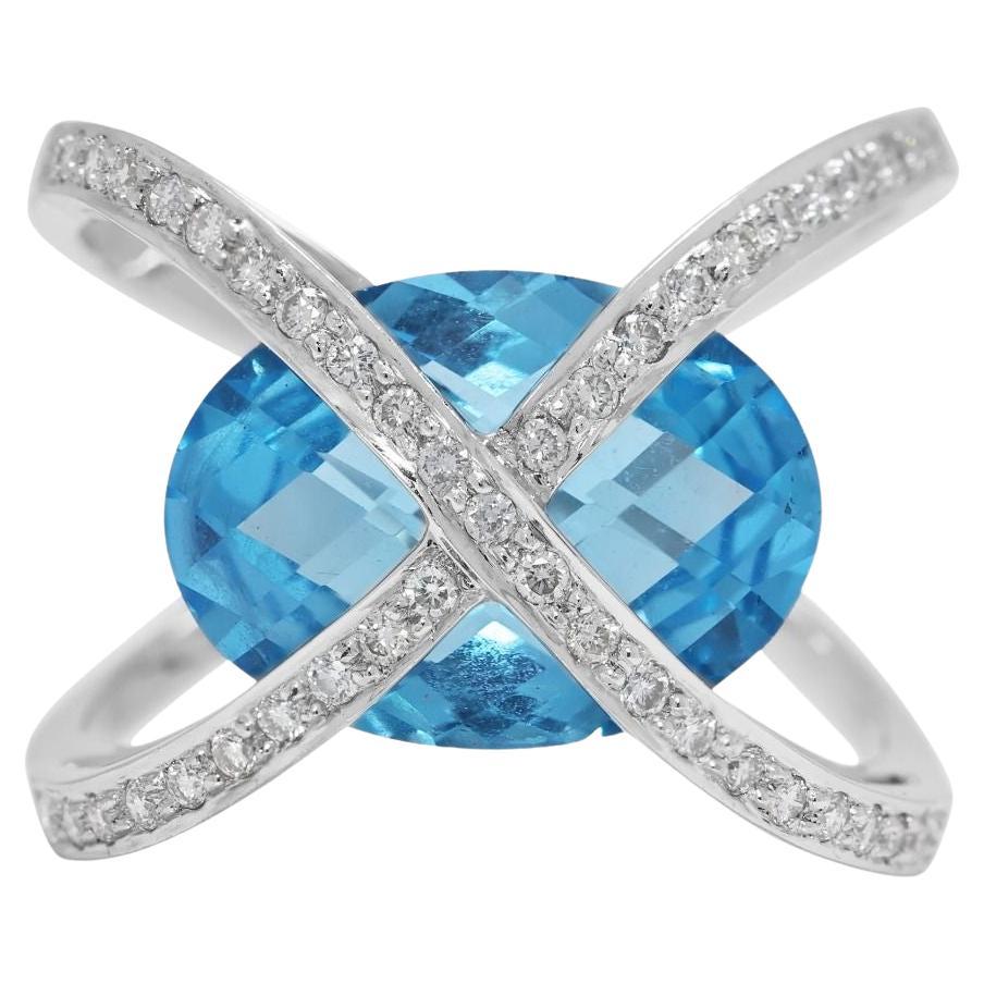 Captivating 6.14ct Blue Topaz and Natural Diamond Ring in 18K White Gold