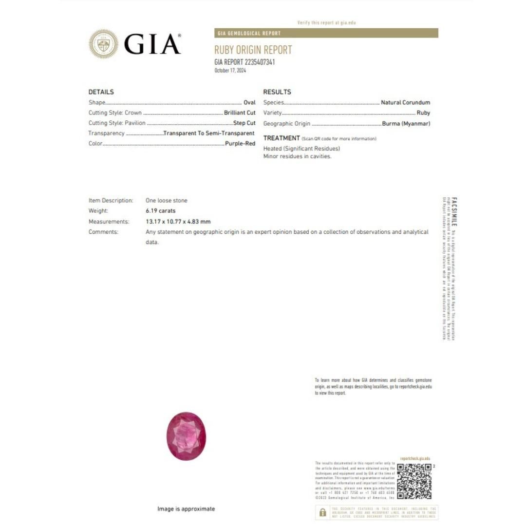 Cautivadora Gema de Rubí de 6,19 ct - Certificado GIA

Descubre el cautivador encanto de este impresionante rubí ovalado de 6,19 quilates, un verdadero testimonio del arte de la naturaleza. Con su rica tonalidad rojo púrpura, esta gema emana una
