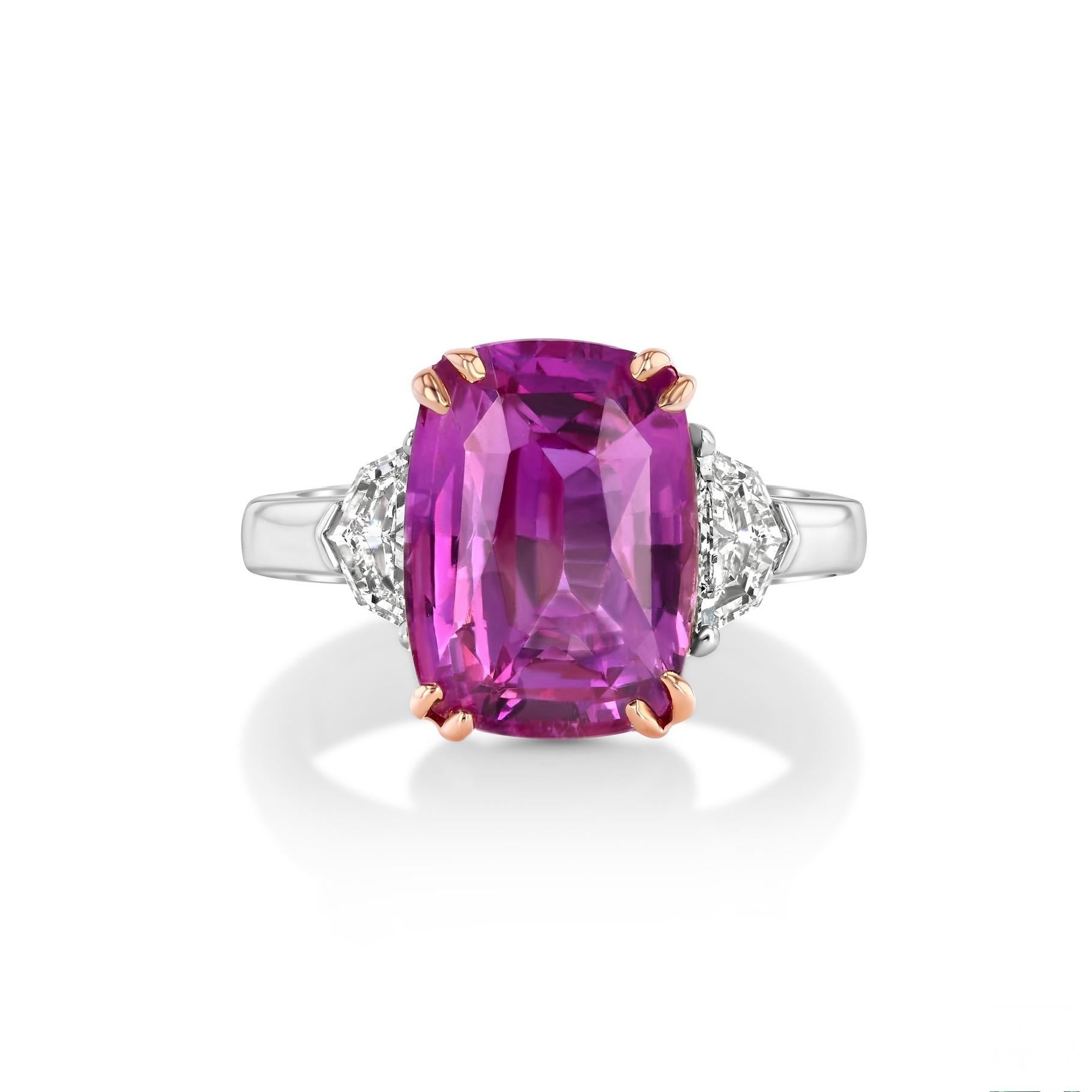 Modern 7.13-carat cushion Pink Sapphire ring. GIA certified. For Sale