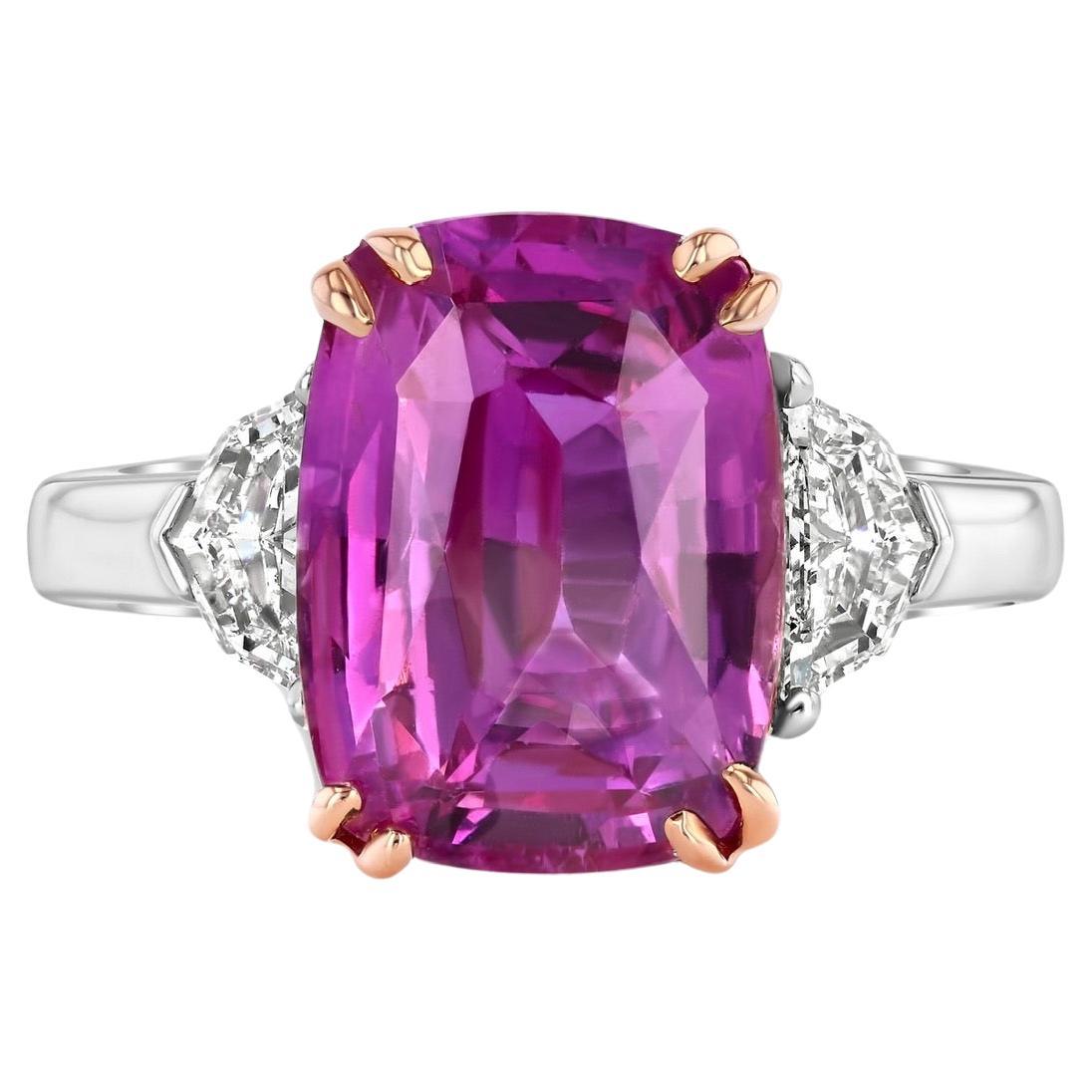 7.13-carat cushion Pink Sapphire ring. GIA certified. For Sale