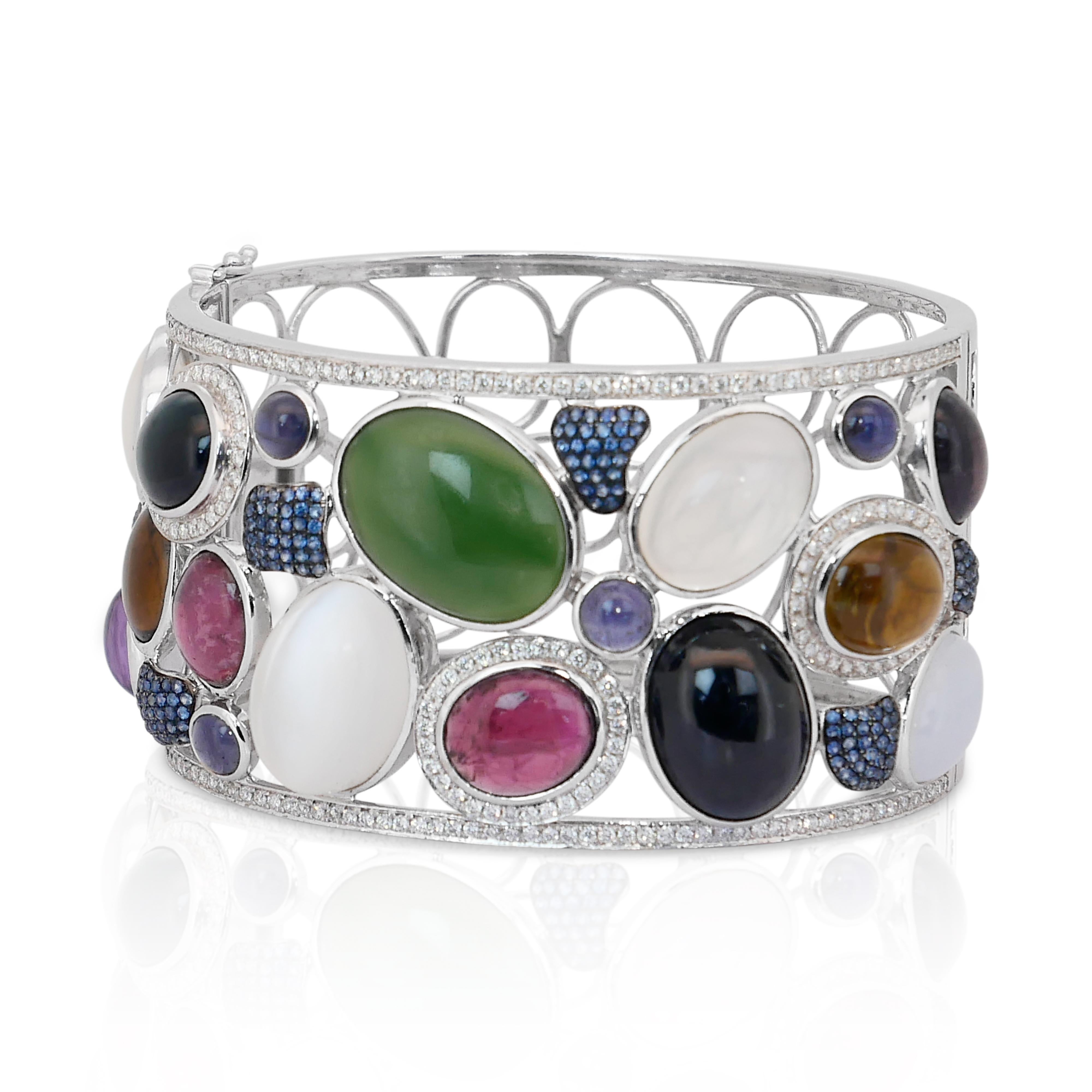 Round Cut Captivating 77.63ct Mix Natural Gemstones and Diamonds Bangle in 14k White Gold For Sale