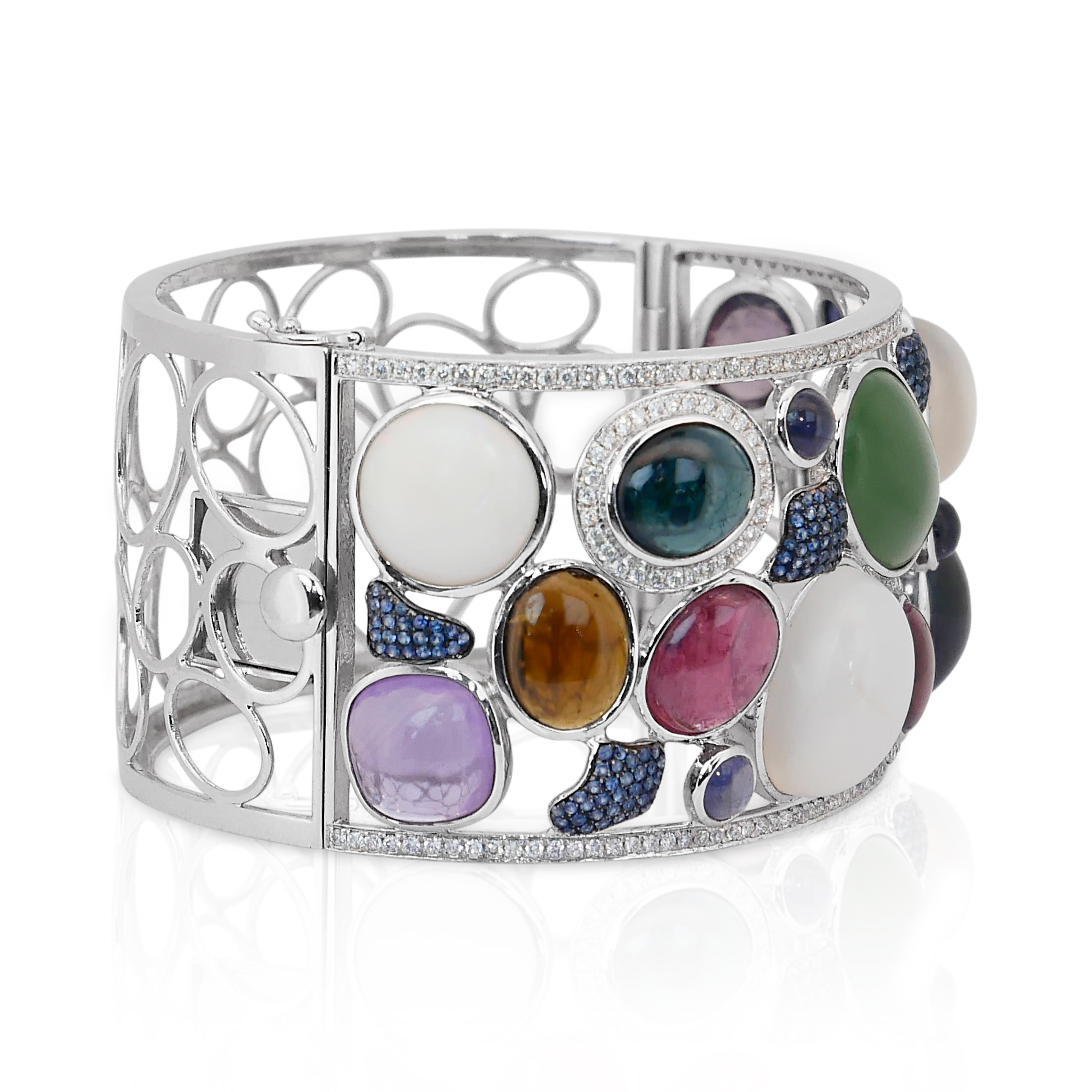 Captivating 77.63ct Mix Natural Gemstones and Diamonds Bangle in 14k White Gold In New Condition For Sale In רמת גן, IL