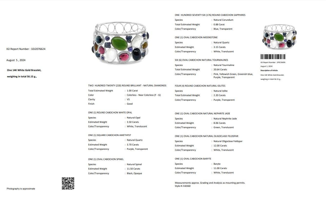 Women's Captivating 77.63ct Mix Natural Gemstones and Diamonds Bangle in 14k White Gold For Sale