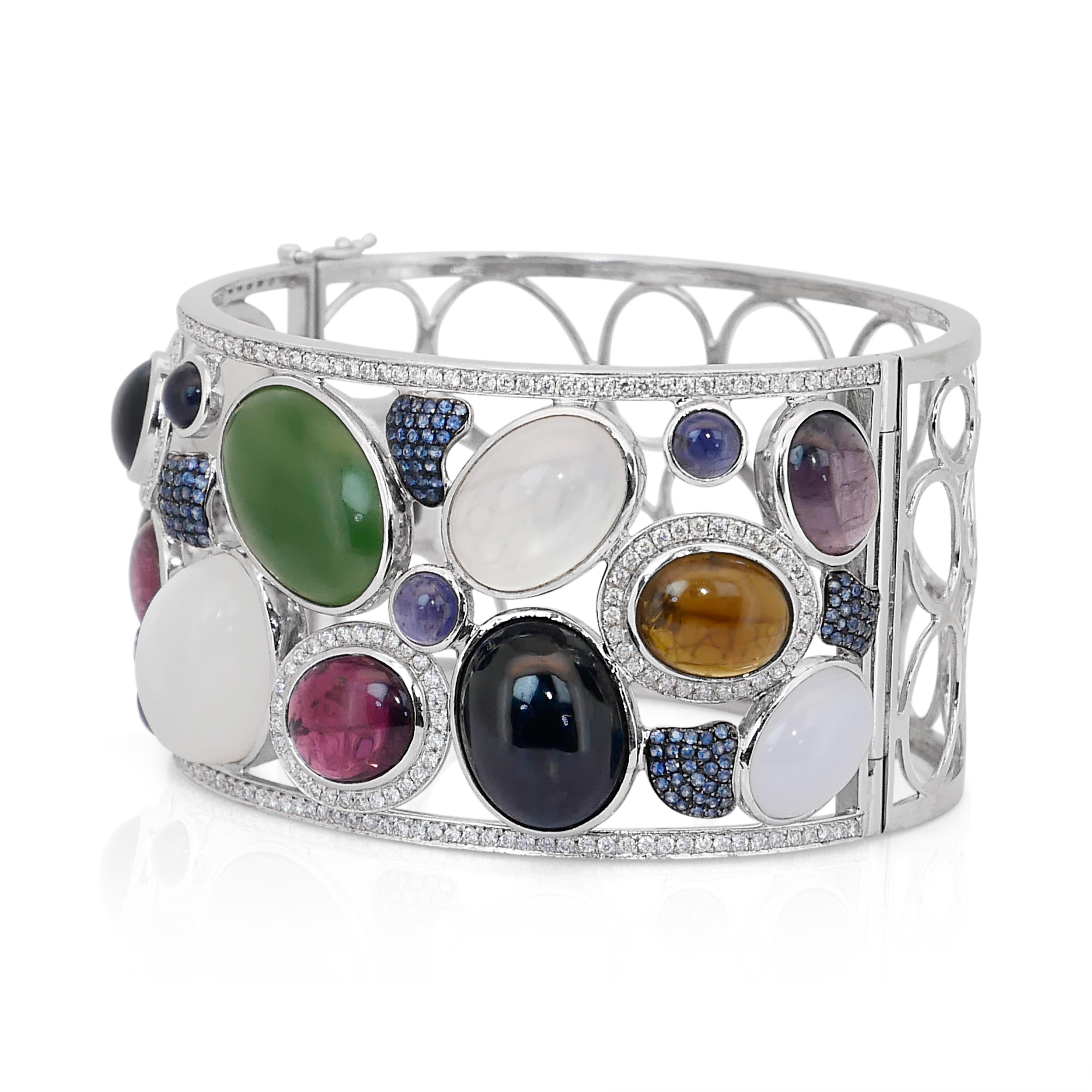 Captivating 77.63ct Mix Natural Gemstones and Diamonds Bangle in 14k White Gold For Sale 1