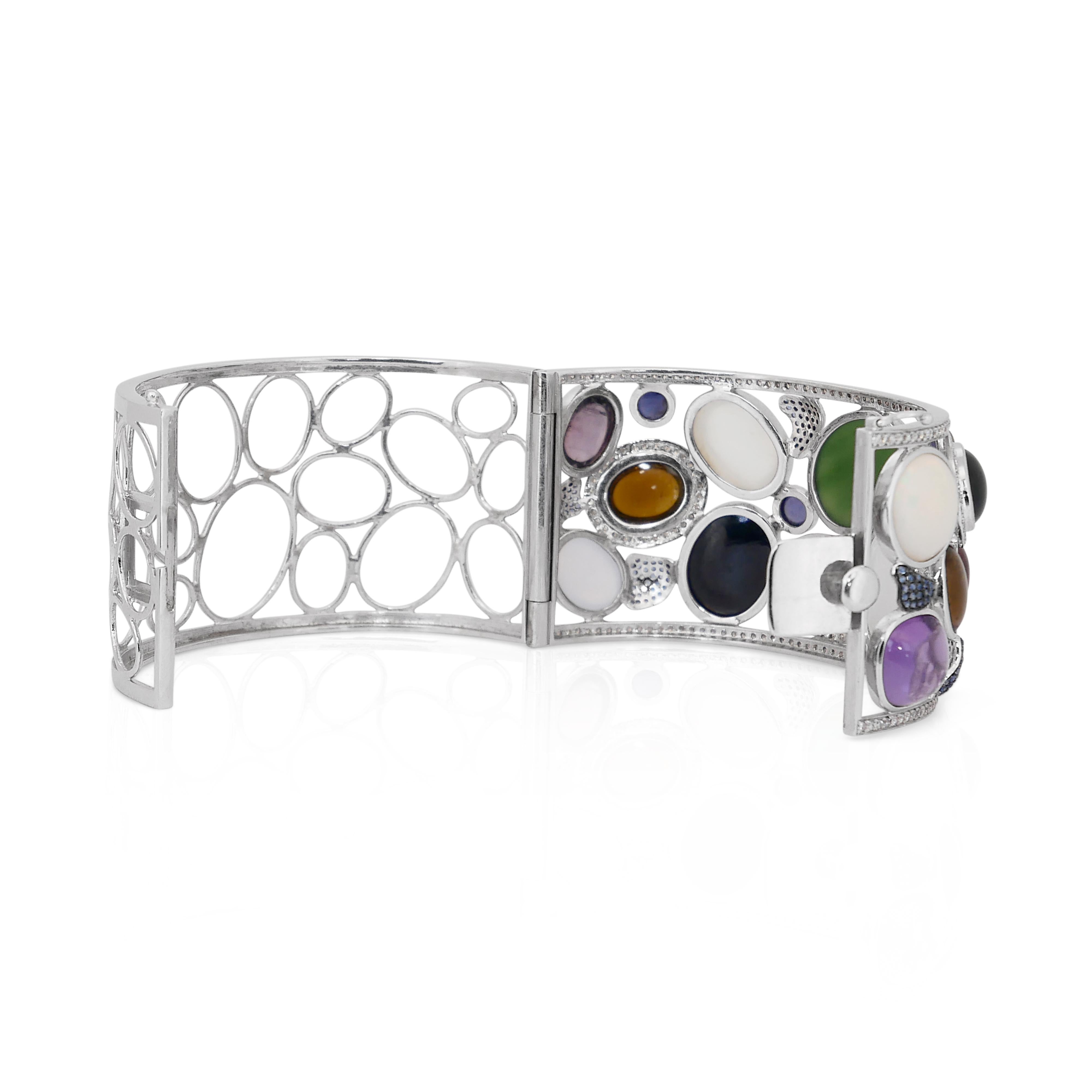 Captivating 77.63ct Mix Natural Gemstones and Diamonds Bangle in 14k White Gold For Sale 2