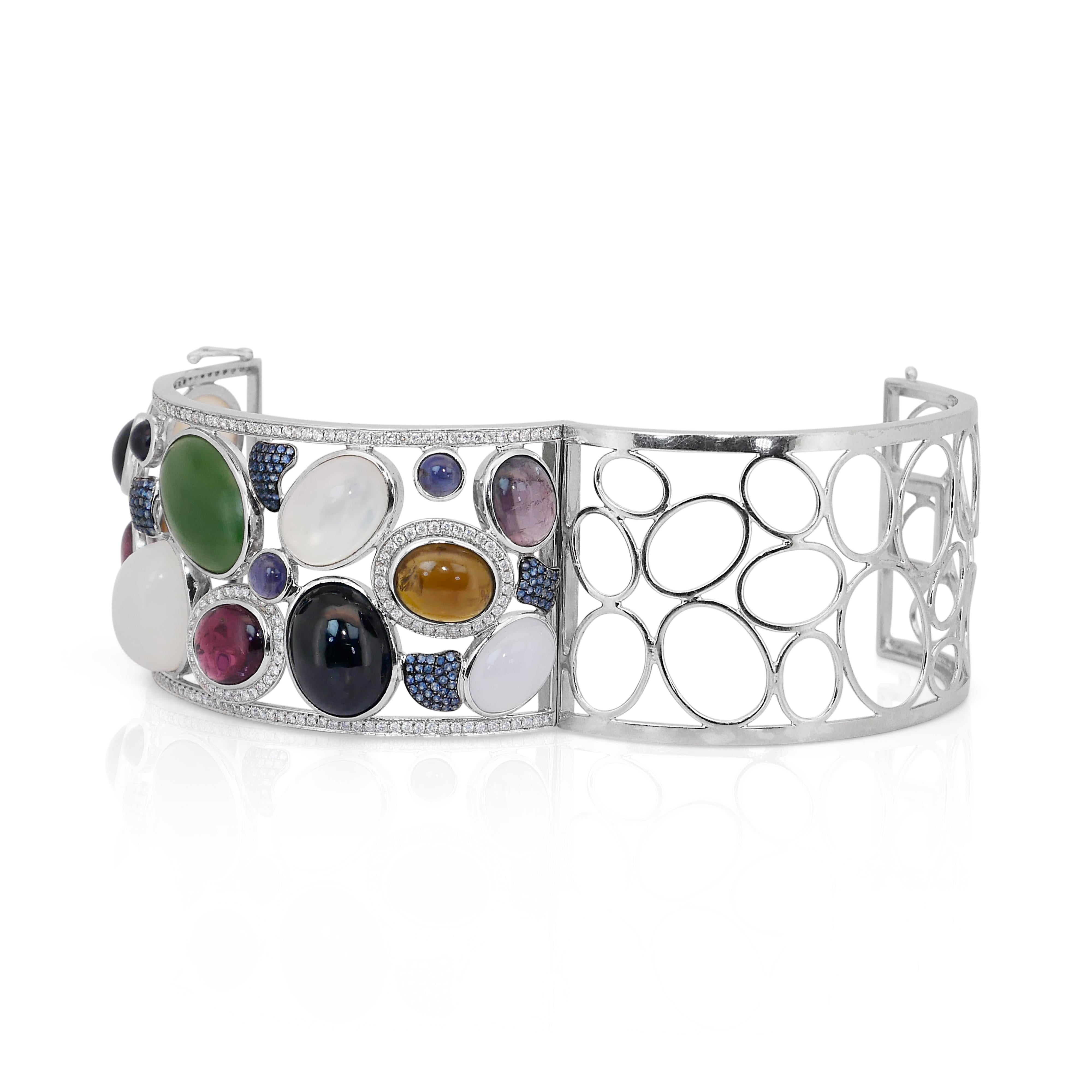 Captivating 77.63ct Mix Natural Gemstones and Diamonds Bangle in 14k White Gold For Sale 3