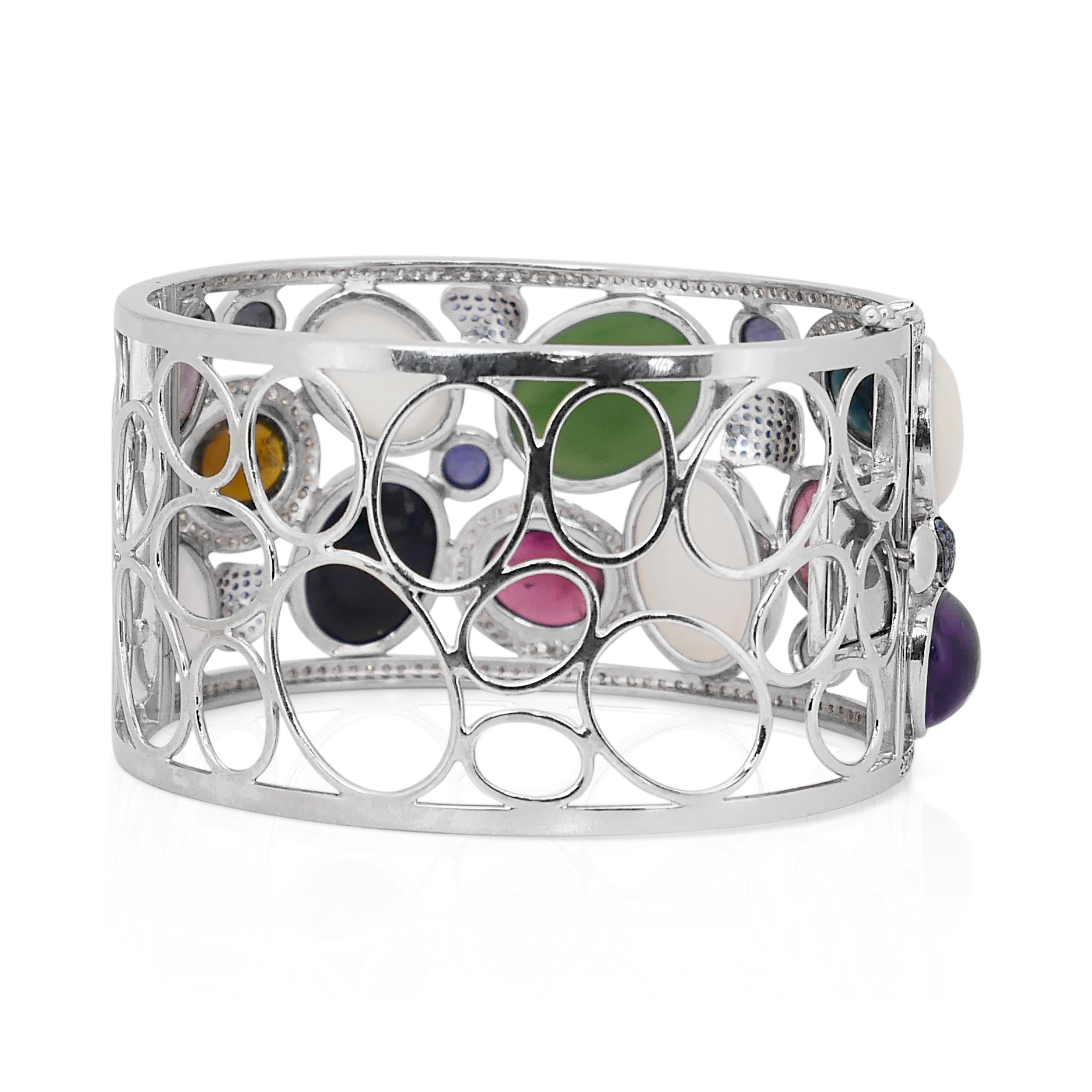 Captivating 77.63ct Mix Natural Gemstones and Diamonds Bangle in 14k White Gold For Sale 4