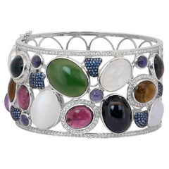 Captivating 77.63ct Mix Natural Gemstones and Diamonds Bangle in 14k White Gold