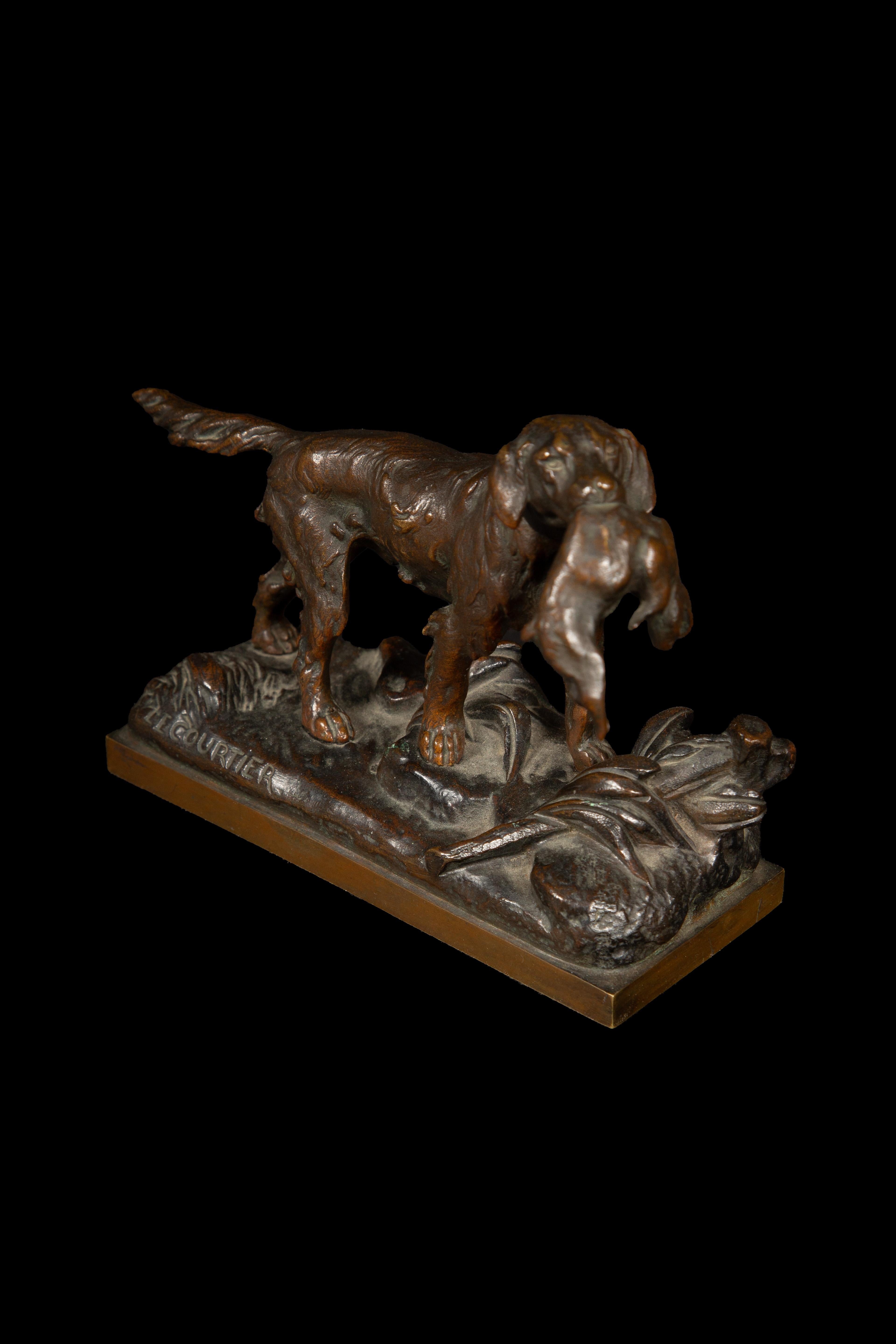 Napoleon III Captivating Bronze: Hunting Dog with Hare by Prosper LECOURTIER (1855-1924)