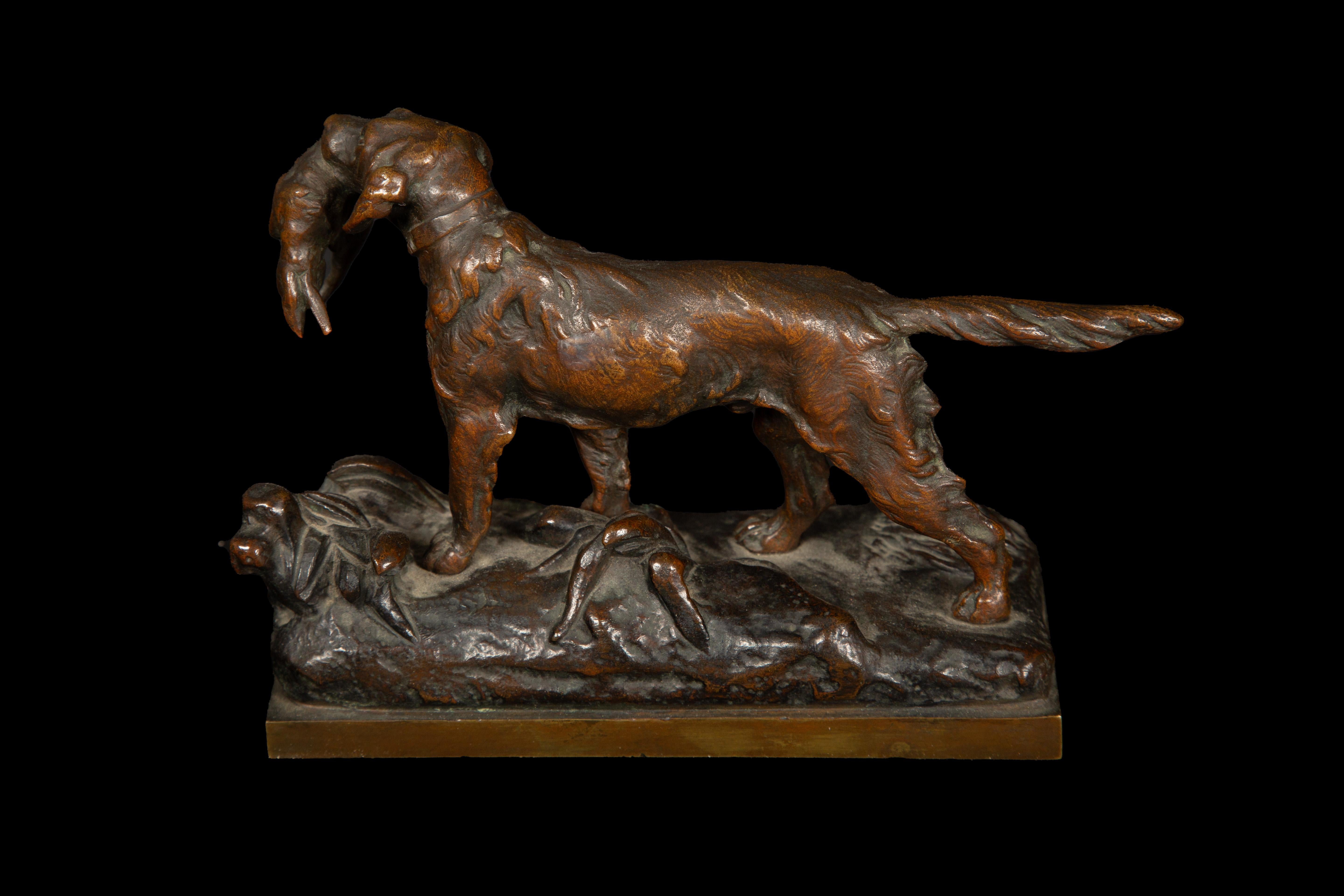 French Captivating Bronze: Hunting Dog with Hare by Prosper LECOURTIER (1855-1924)