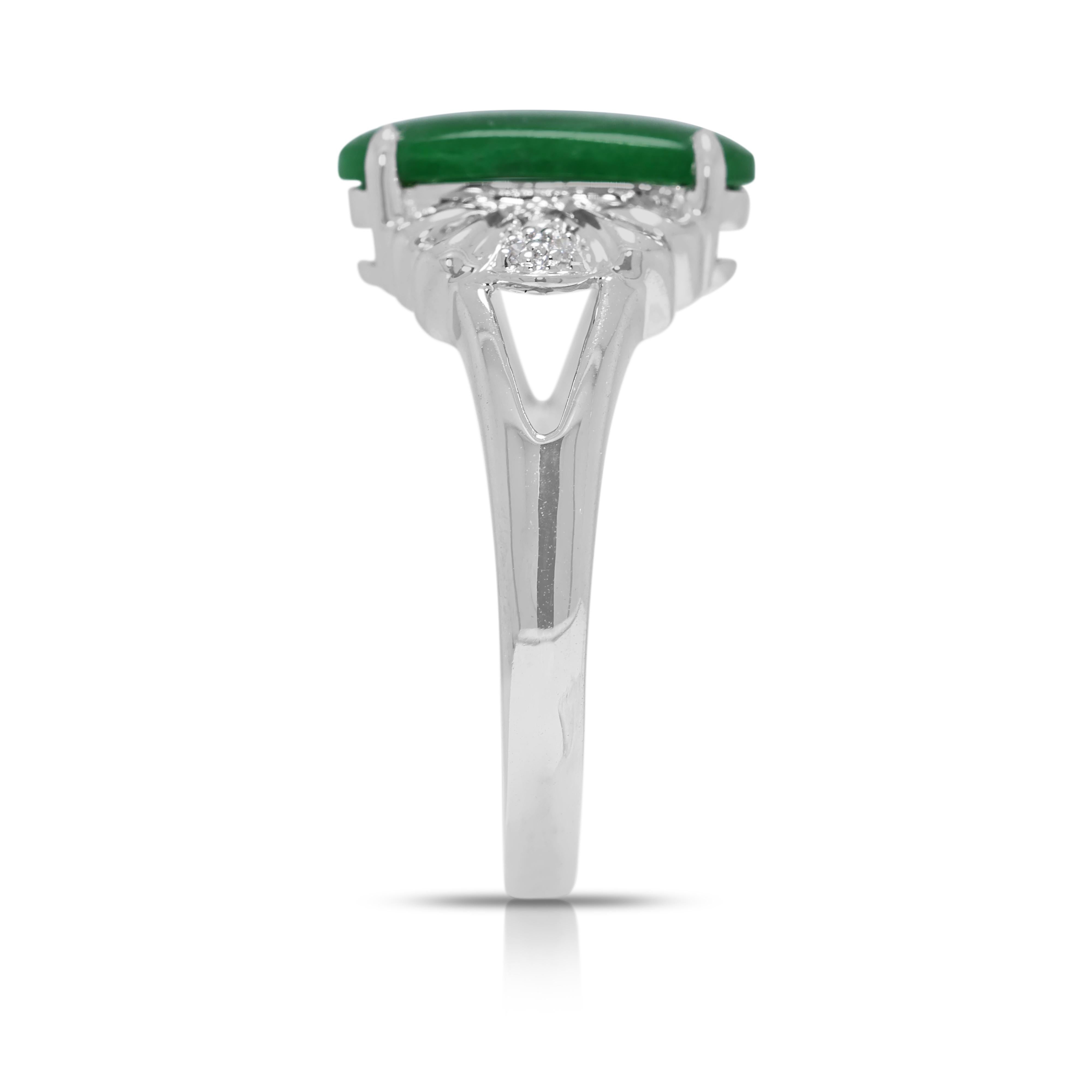 Women's Captivating Green Jade & 0.03ct Natural Diamond Ring in 18K White Gold For Sale