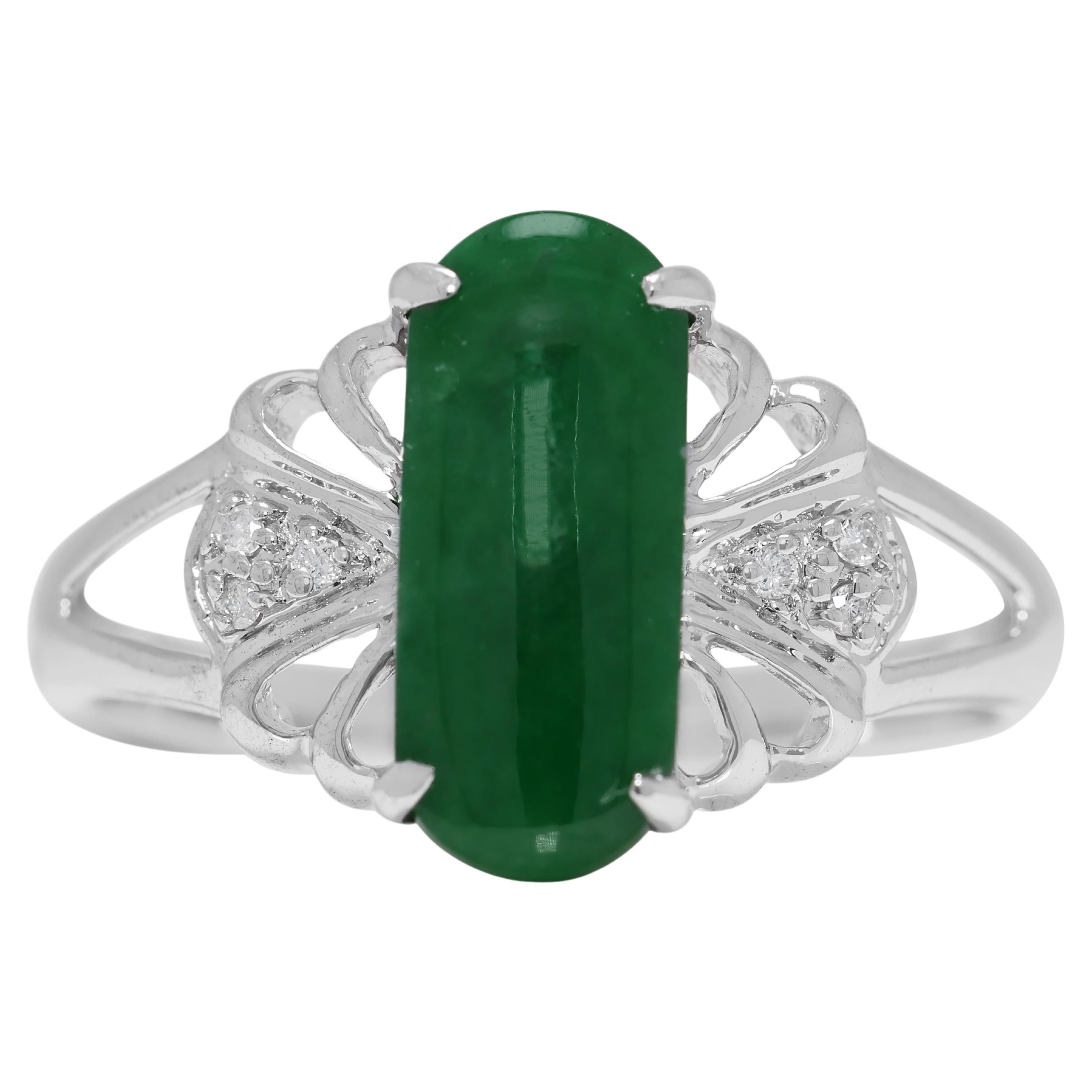 Captivating Green Jade & 0.03ct Natural Diamond Ring in 18K White Gold For Sale