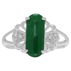 Captivating Green Jade & 0.03ct Natural Diamond Ring in 18K White Gold