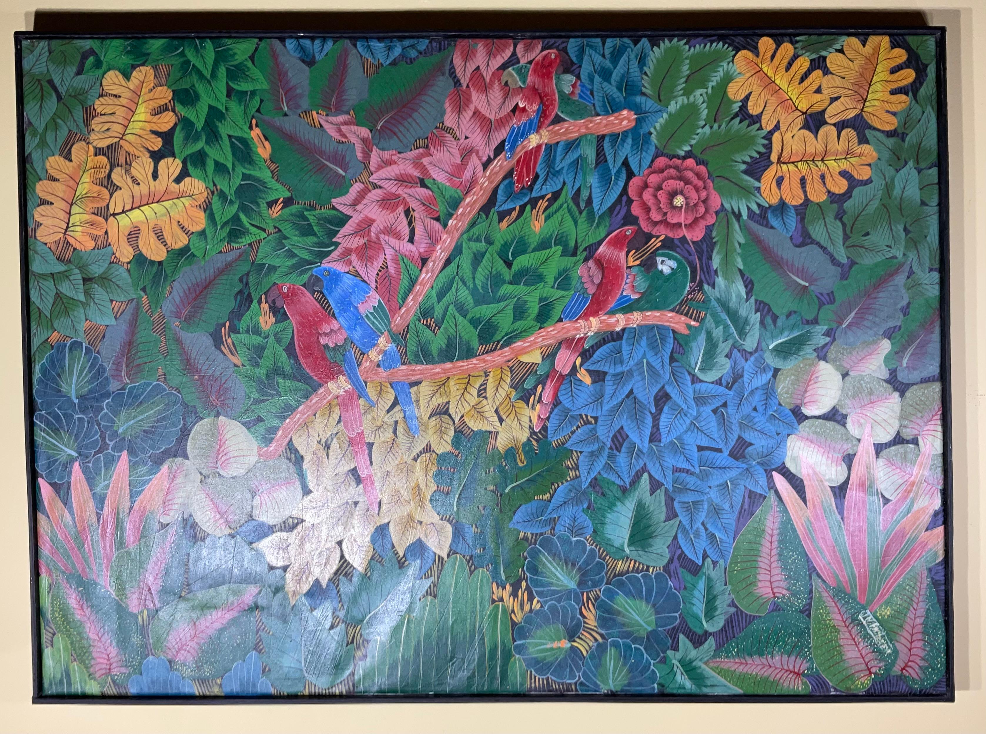 Cautivadora Escena de la Selva Haitiana con Guacamayos - Arte Original Firmado en venta 6