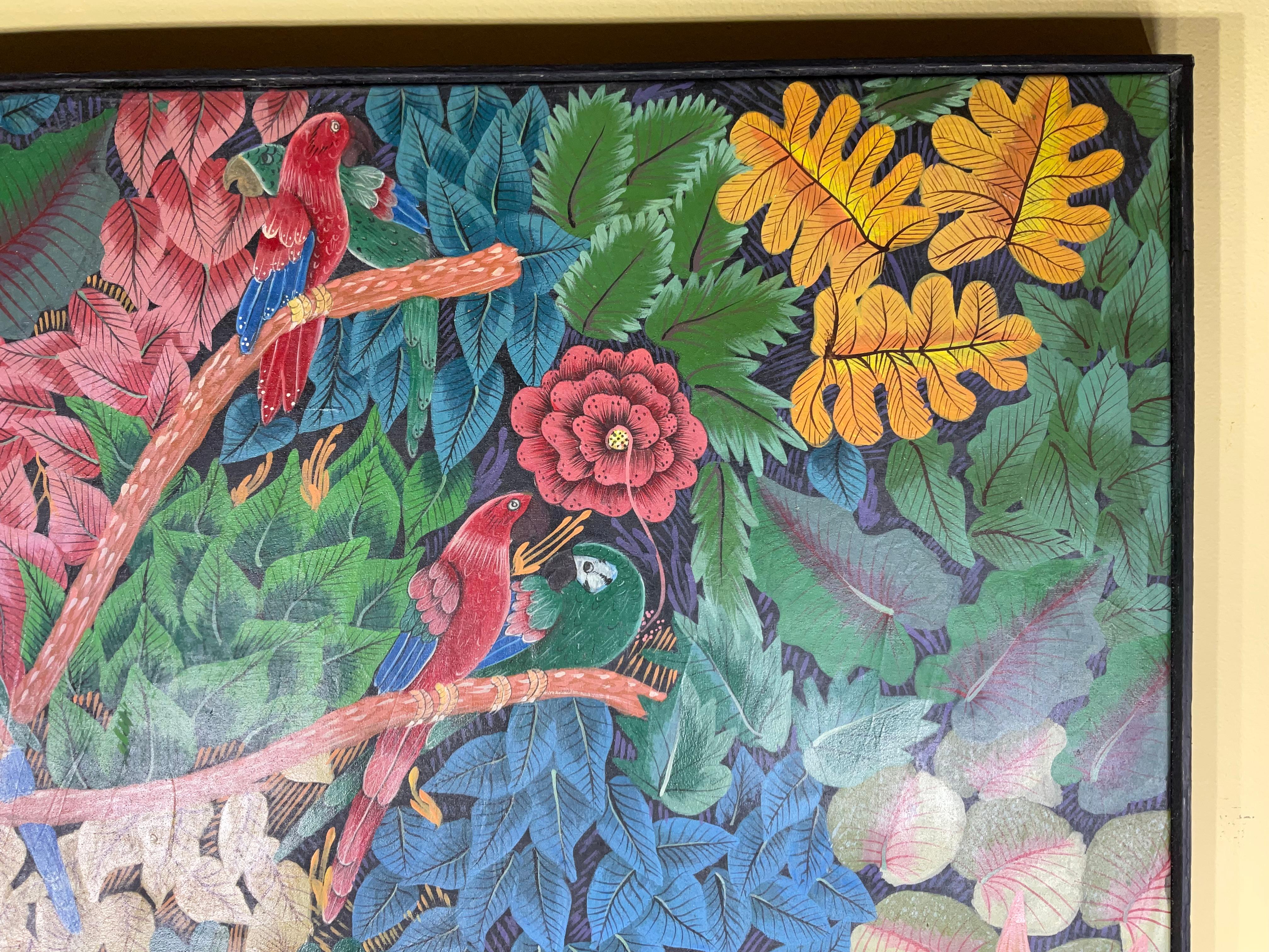 

vibrante belleza de Haití con este impresionante cuadro original, una exuberante representación de una selva tropical rebosante de coloridos guacamayos. Esta cautivadora pieza es algo más que un cuadro; es una ventana al rico patrimonio artístico