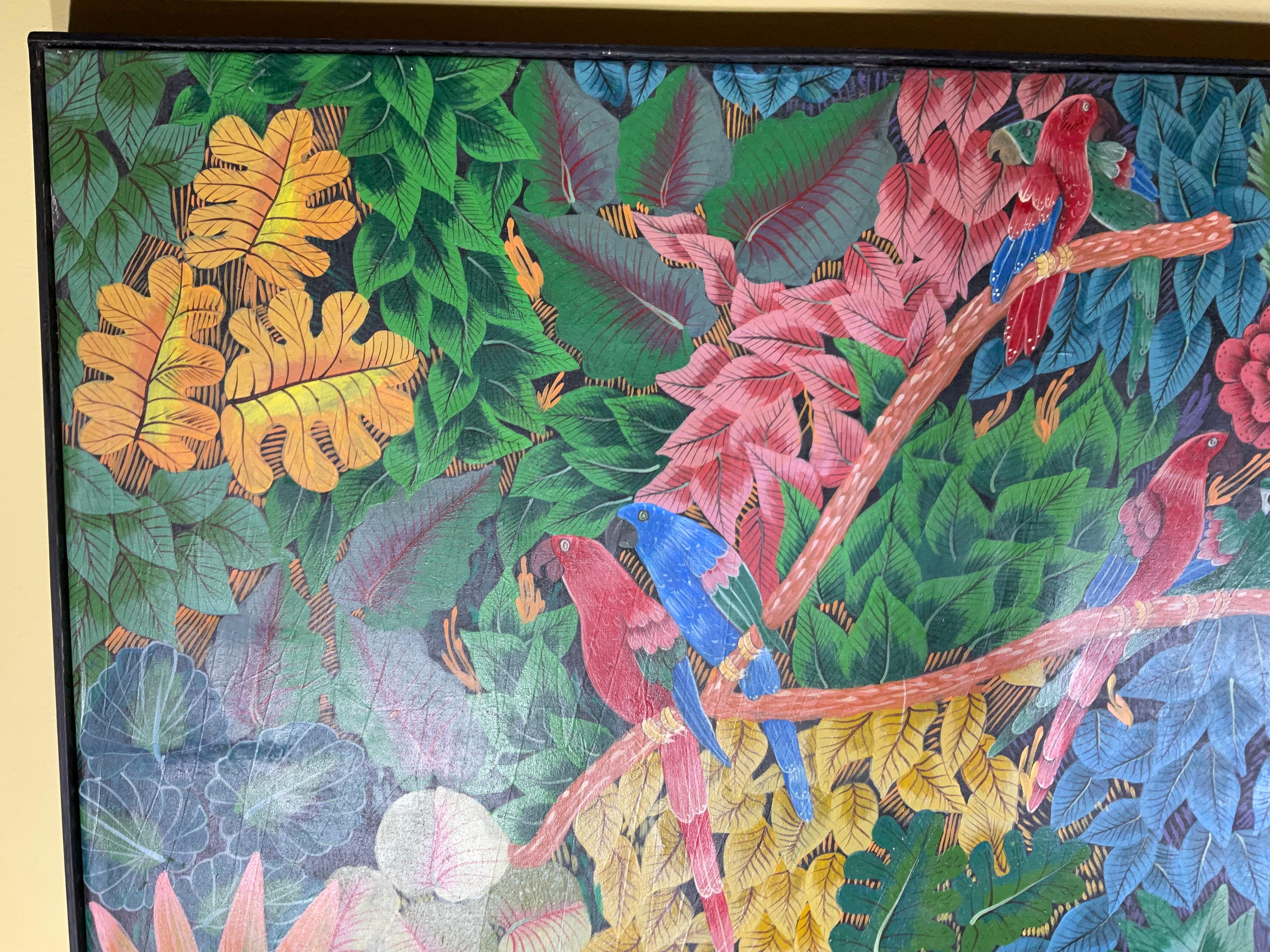 Cautivadora Escena de la Selva Haitiana con Guacamayos - Arte Original Firmado Haitiano en venta