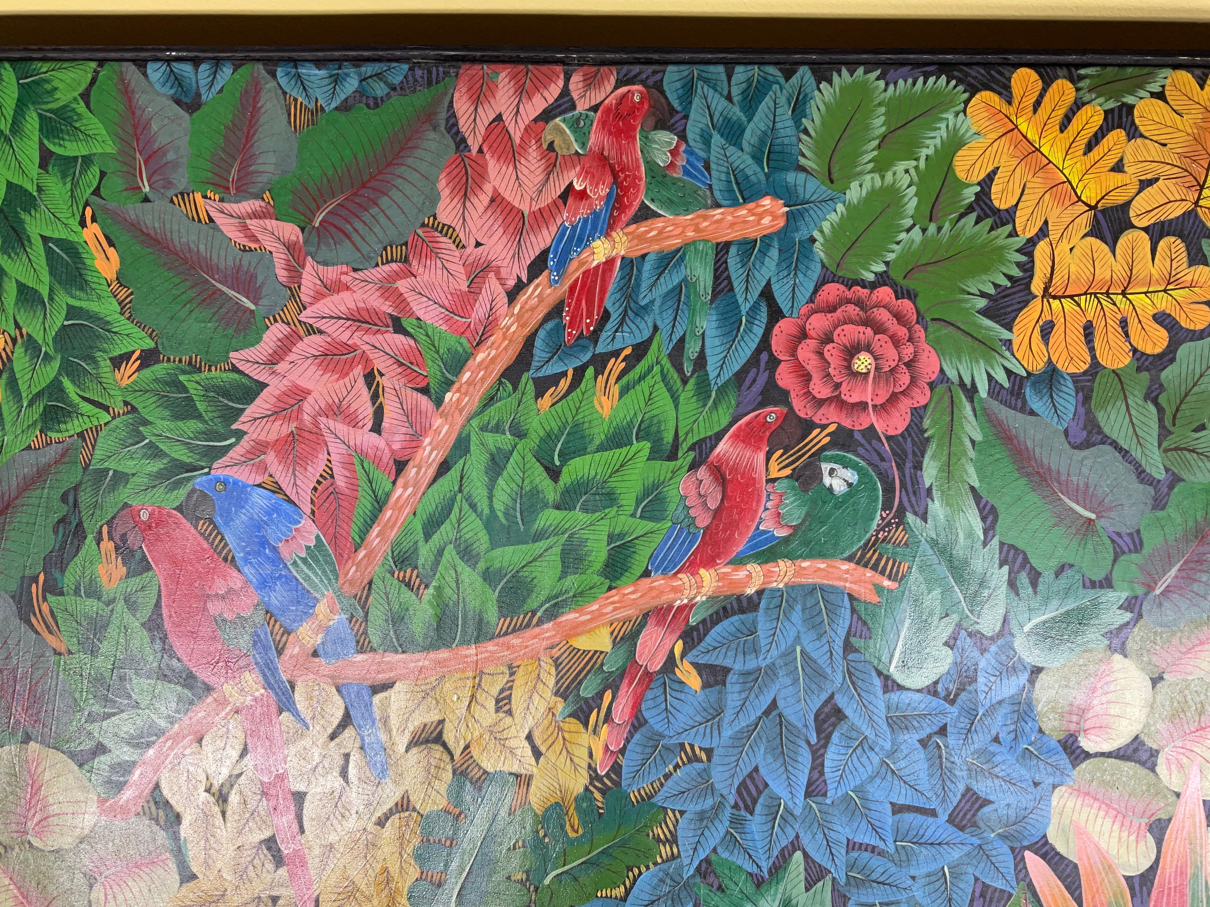 Cautivadora Escena de la Selva Haitiana con Guacamayos - Arte Original Firmado Pintado a mano en venta
