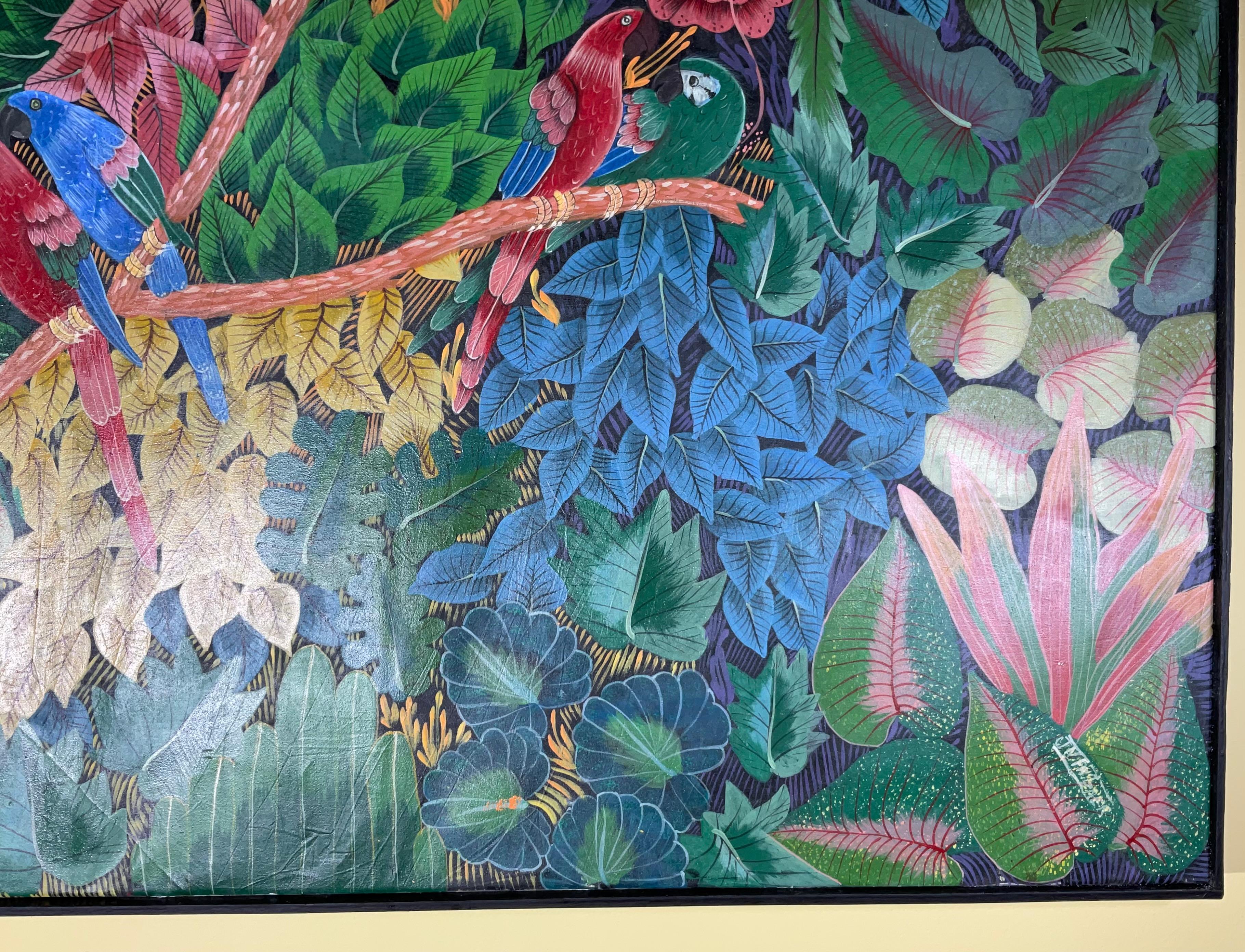 Cautivadora Escena de la Selva Haitiana con Guacamayos - Arte Original Firmado en Bueno estado para la venta en Delray Beach, FL